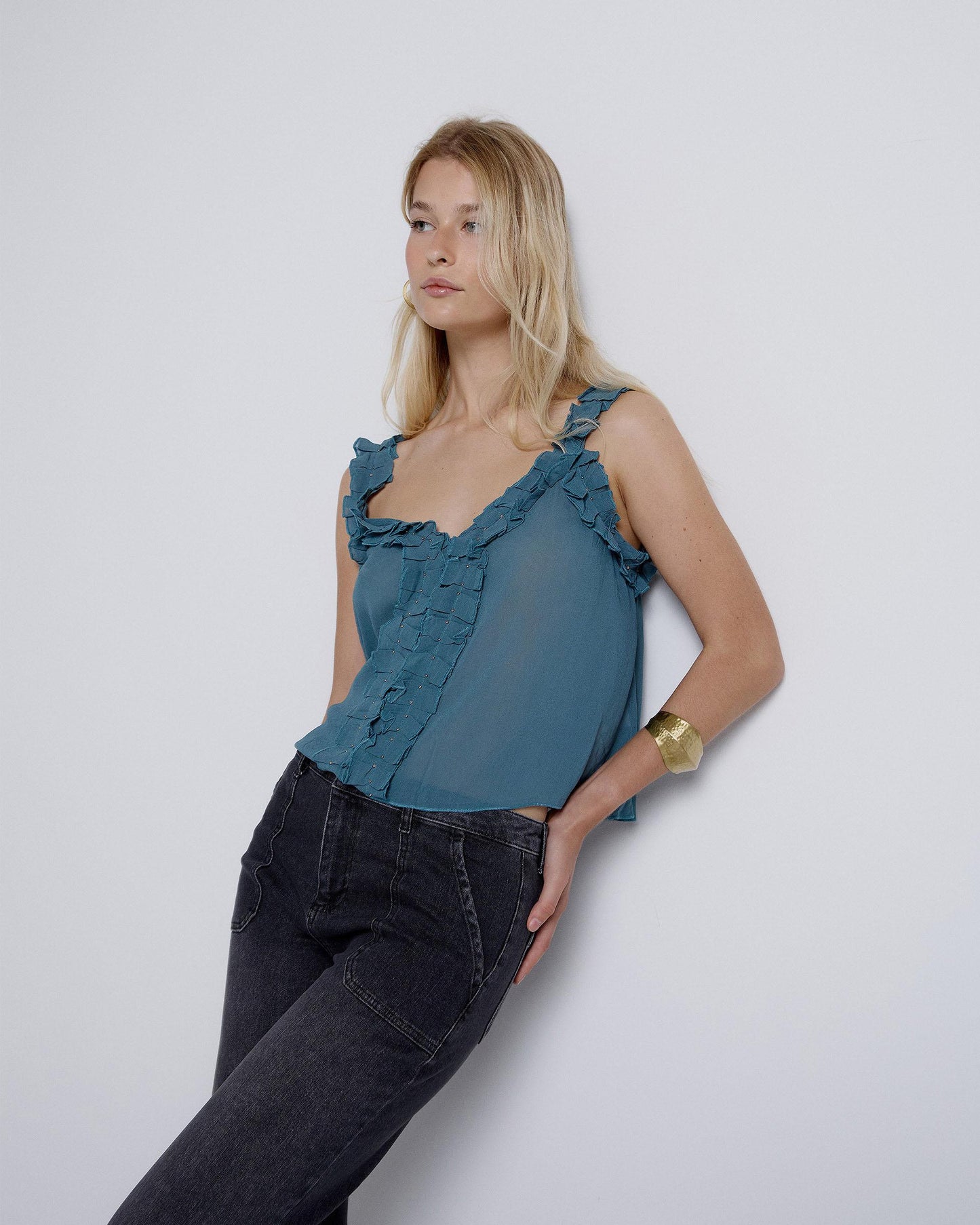 Blue V-Neck Top with Ruffle