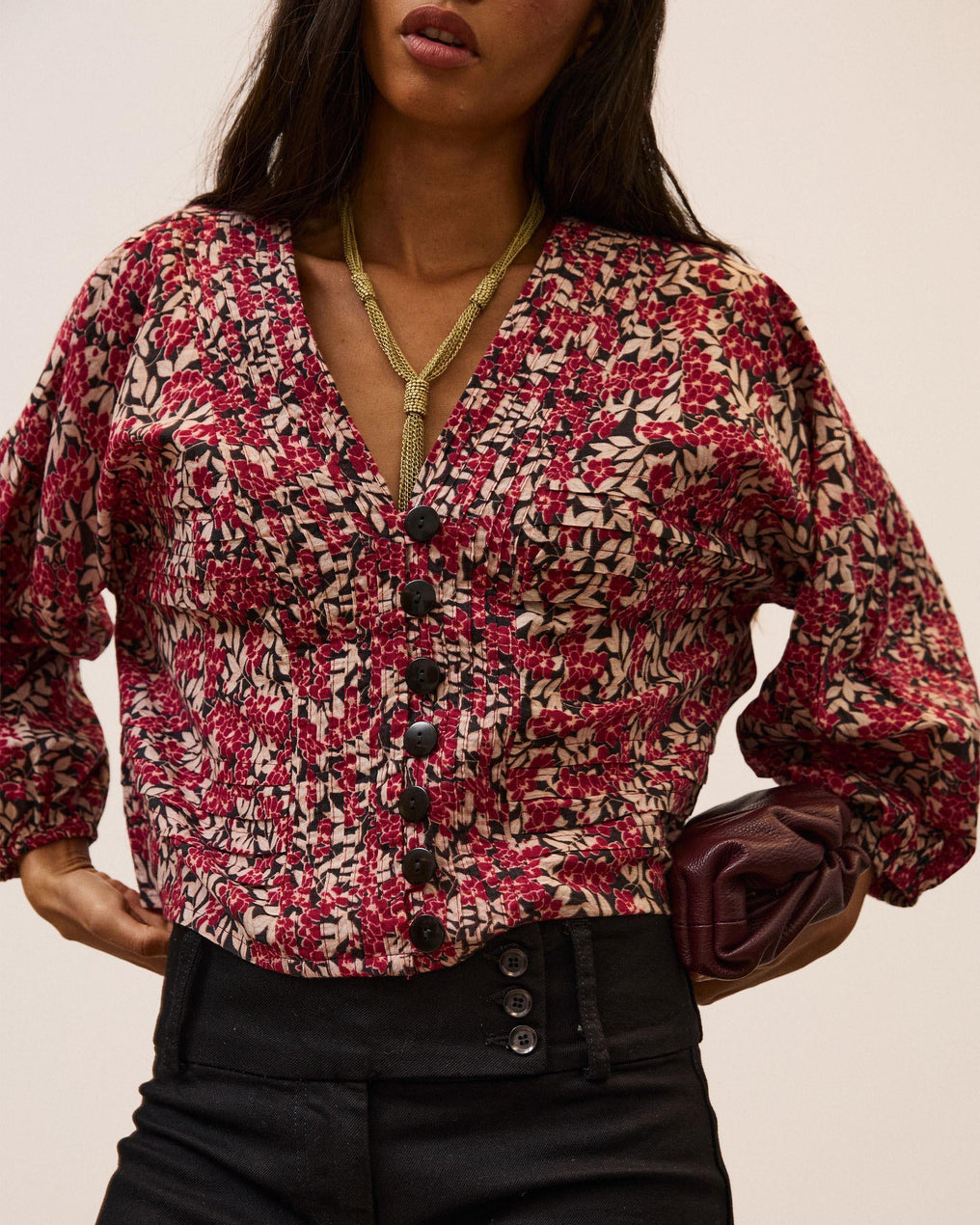 Blouse Plissée à Imprimé Floral Grenat