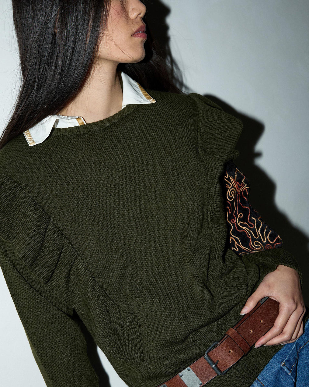 Dark Green Jersey with Side Ruffles