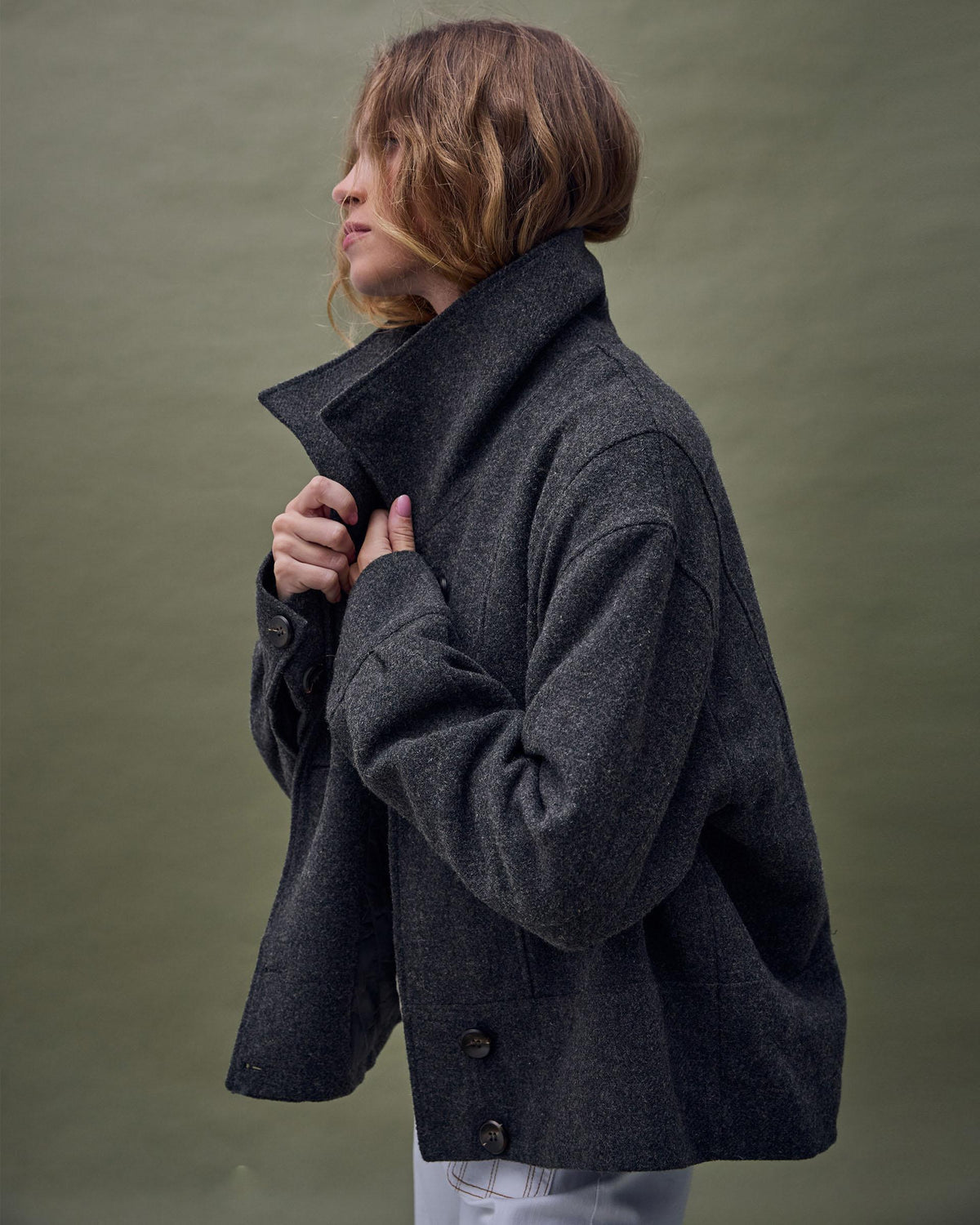 Short Wide Collar Wool Blend Coat Anthracite