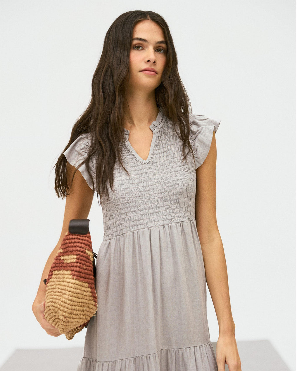 Vestido Largo Lino Nido De Abeja Taupe