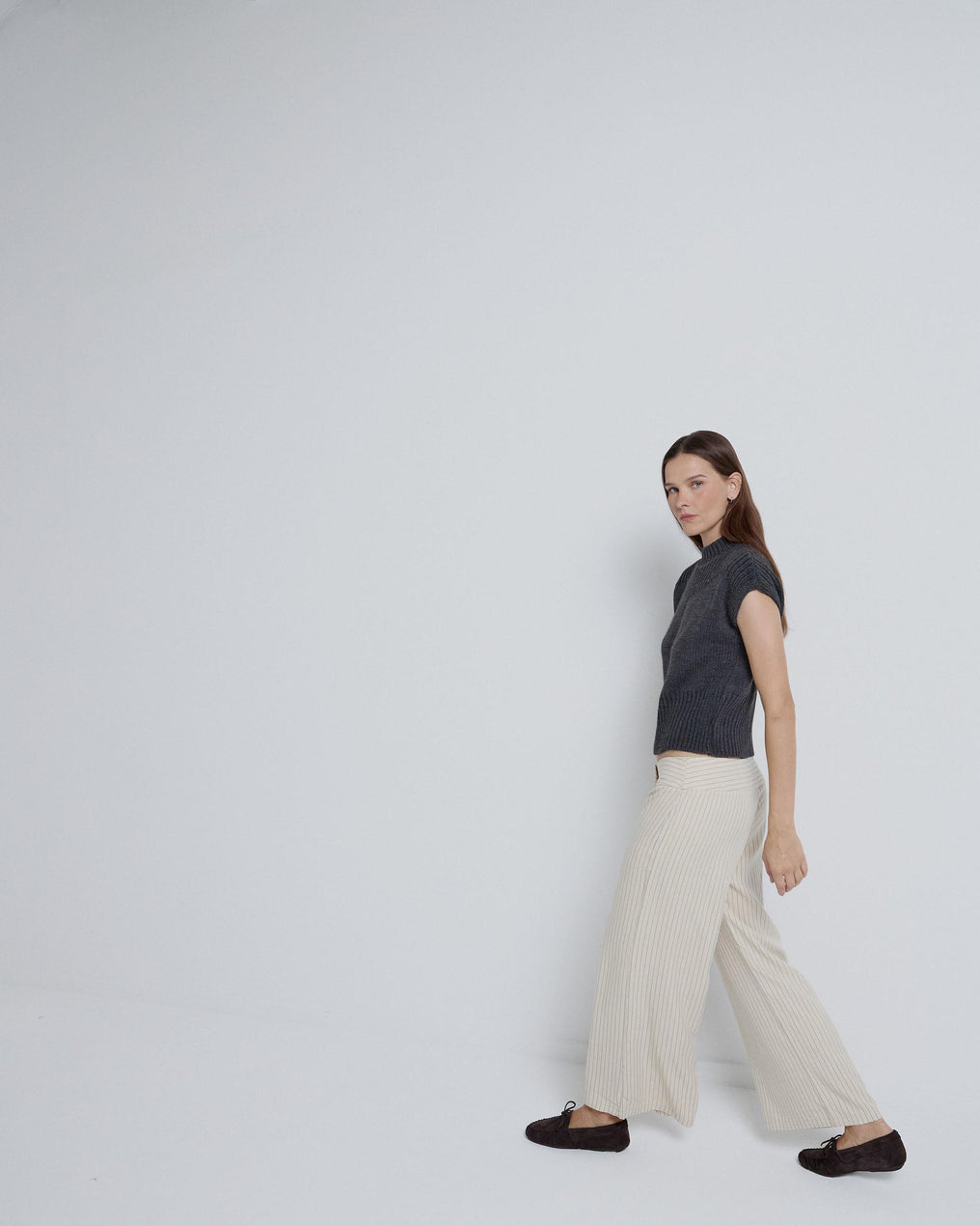 Double Button Striped Pants Ecru