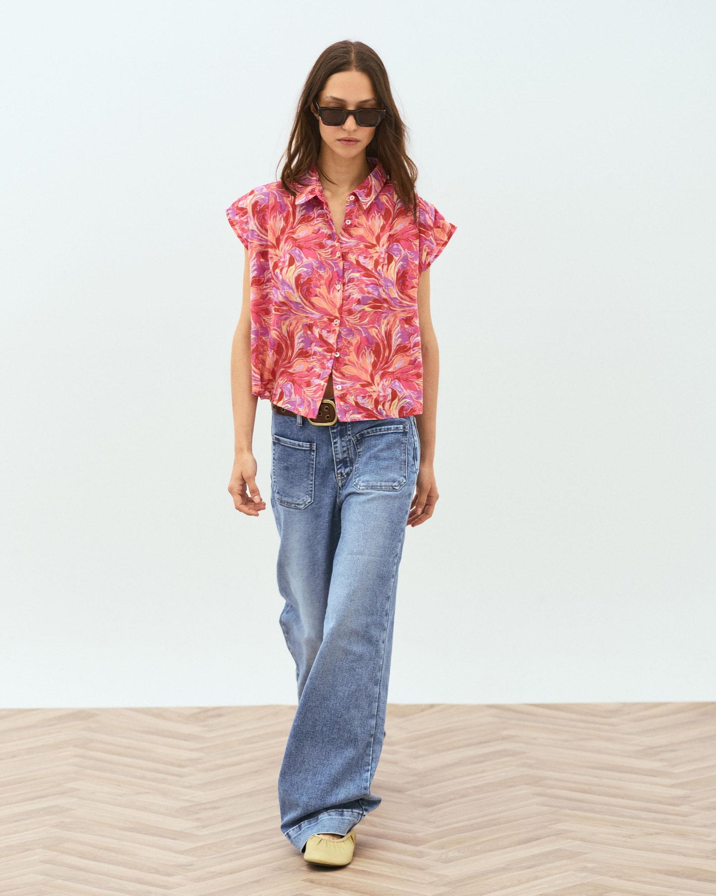 Chemise sans Manches Plis Imprimé Floral Fuchsia