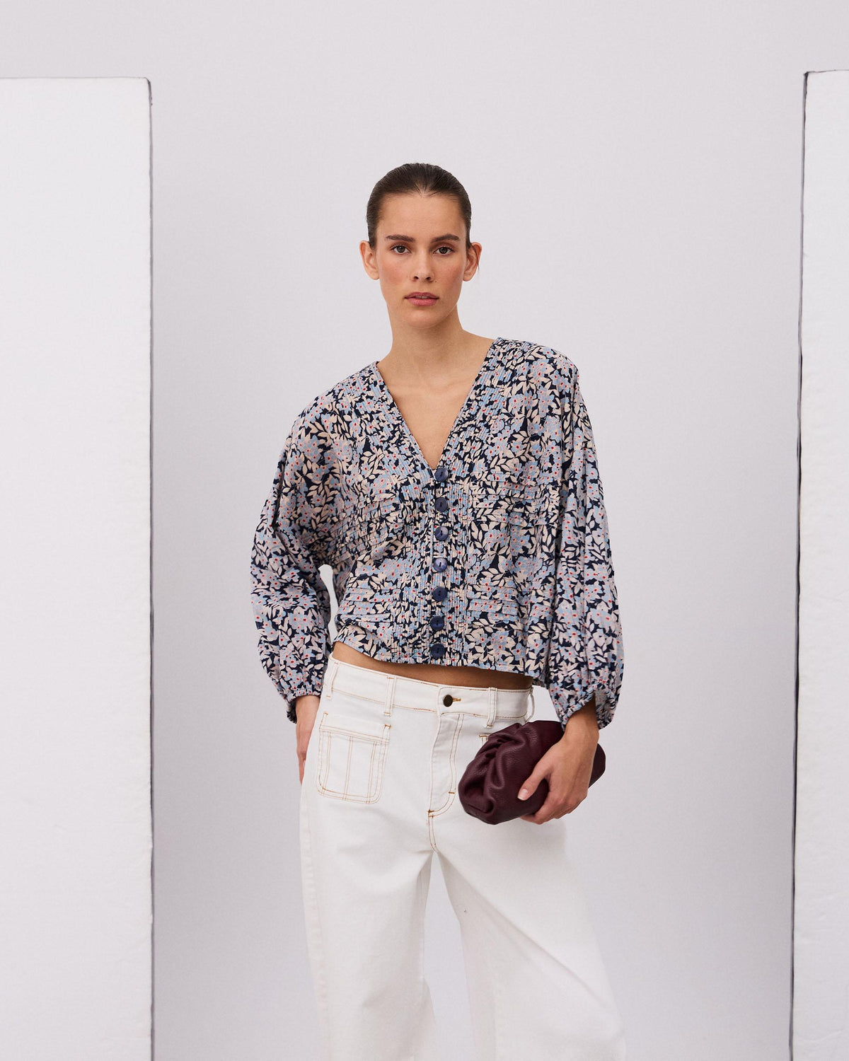 Blue Floral Print Pleated Blouse