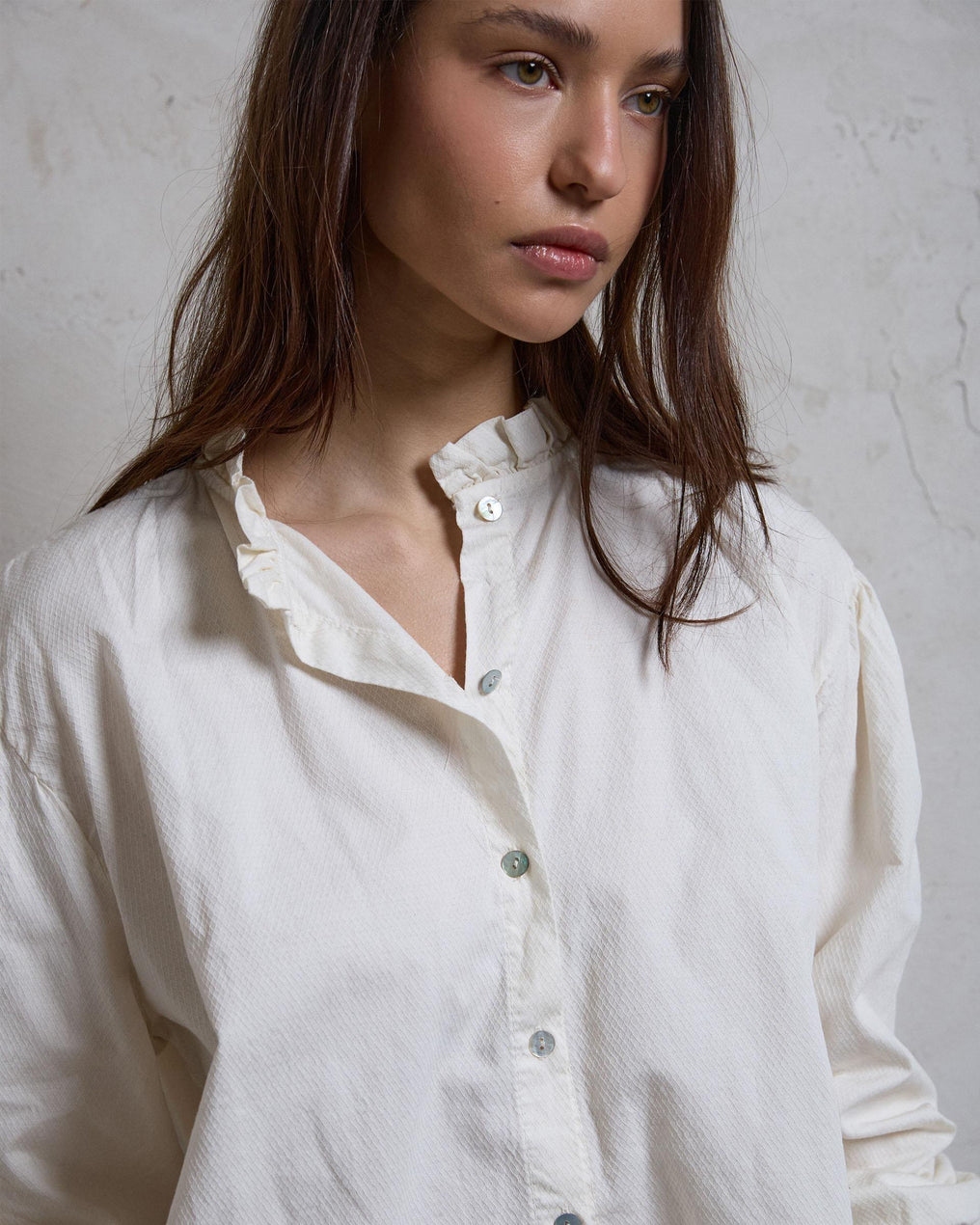 Blouse with Ruffle Detail and Raw Collar