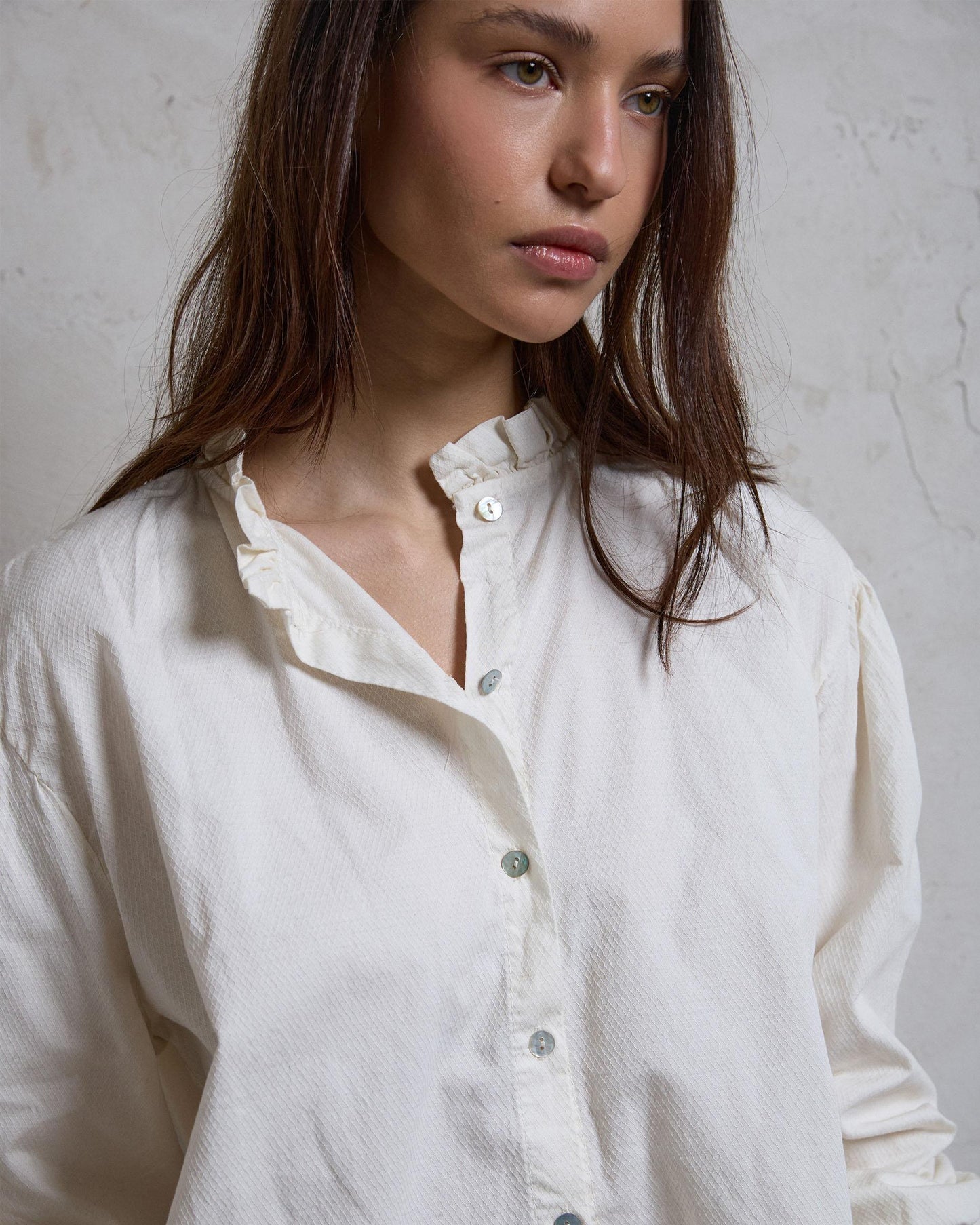 Blouse with Ruffle Detail and Raw Collar