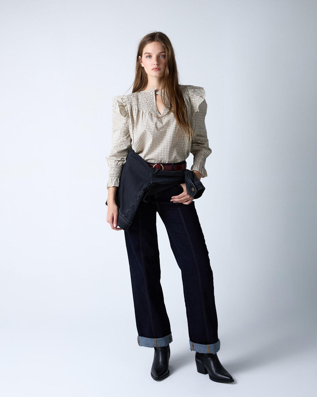 Blusa Cuadros Volantes Crudo