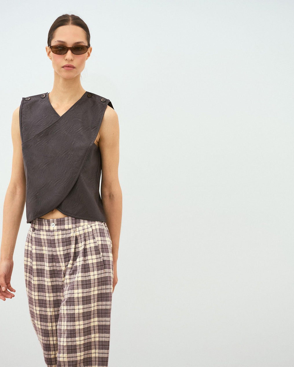 Brown Faux Leather Wrap Top