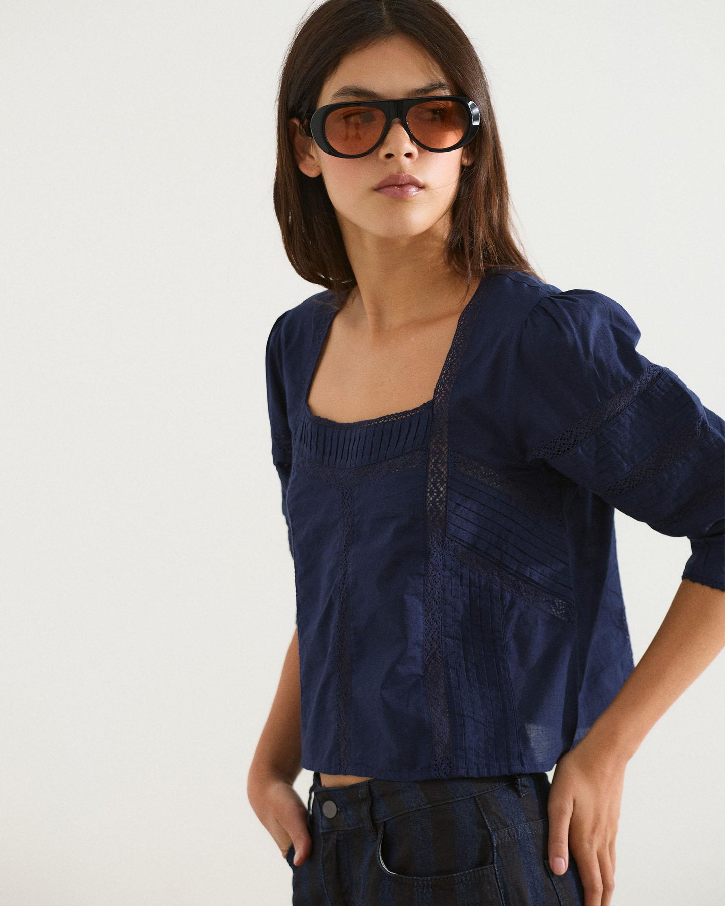 Navy Blue Square Neck Lace Blouse
