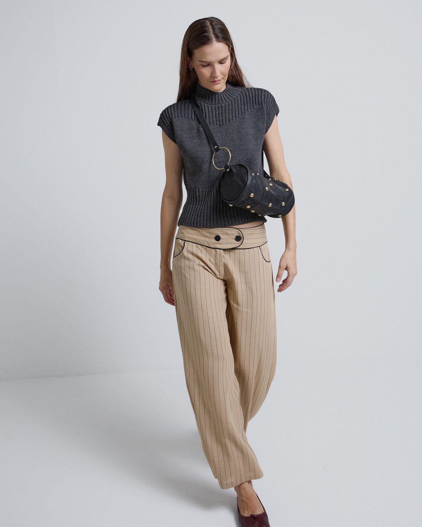 Striped Pants with Contrast Waistband in Camel