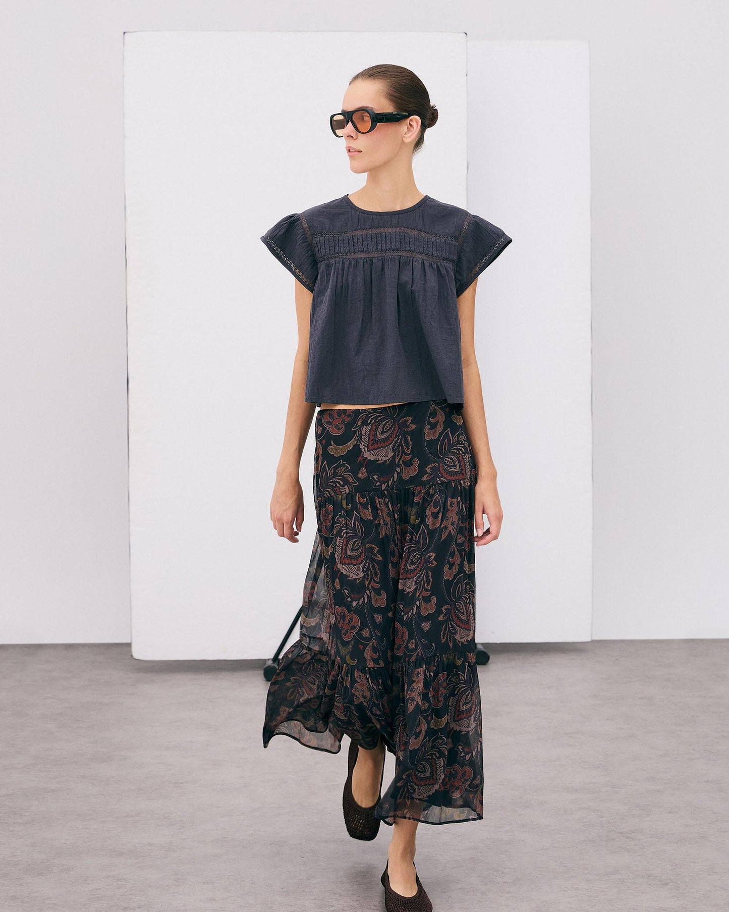 Blouse Manches Courtes Dentelle Avant Anthracite