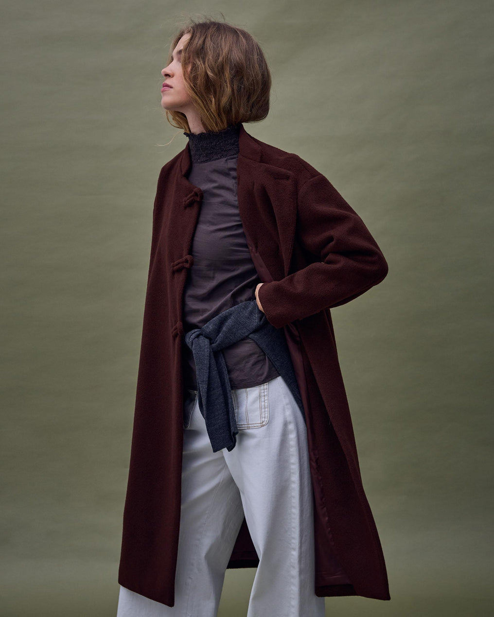 Long Side Fastening Wool Coat Maroon