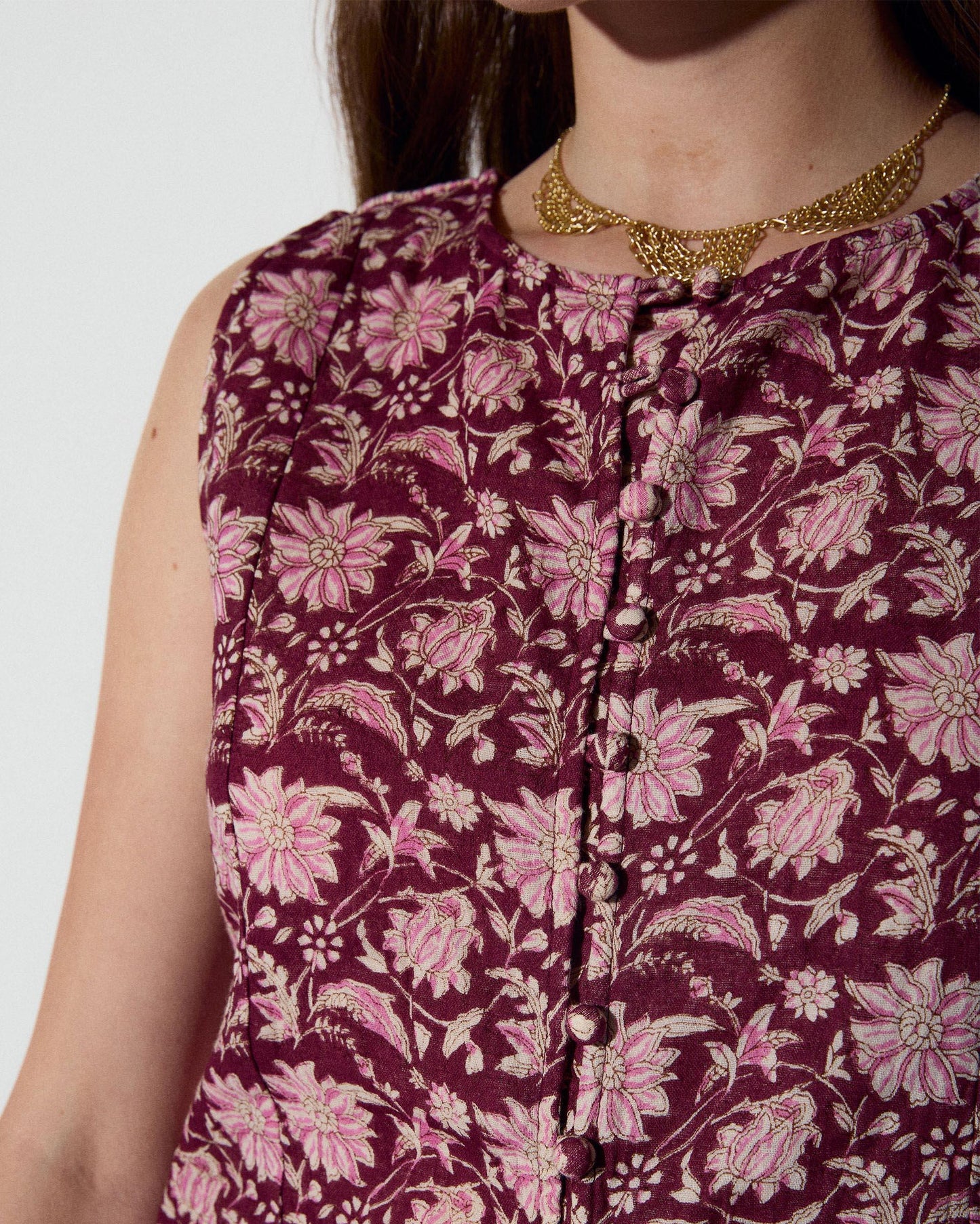 Top Boutons Doublés Imprimé Floral Grenat