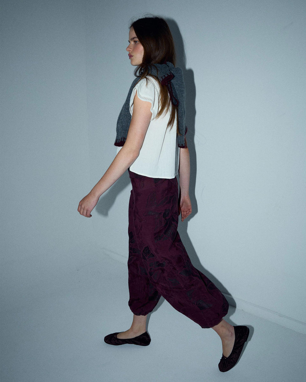 Burgundy Printed Elastic Cuff Trousers