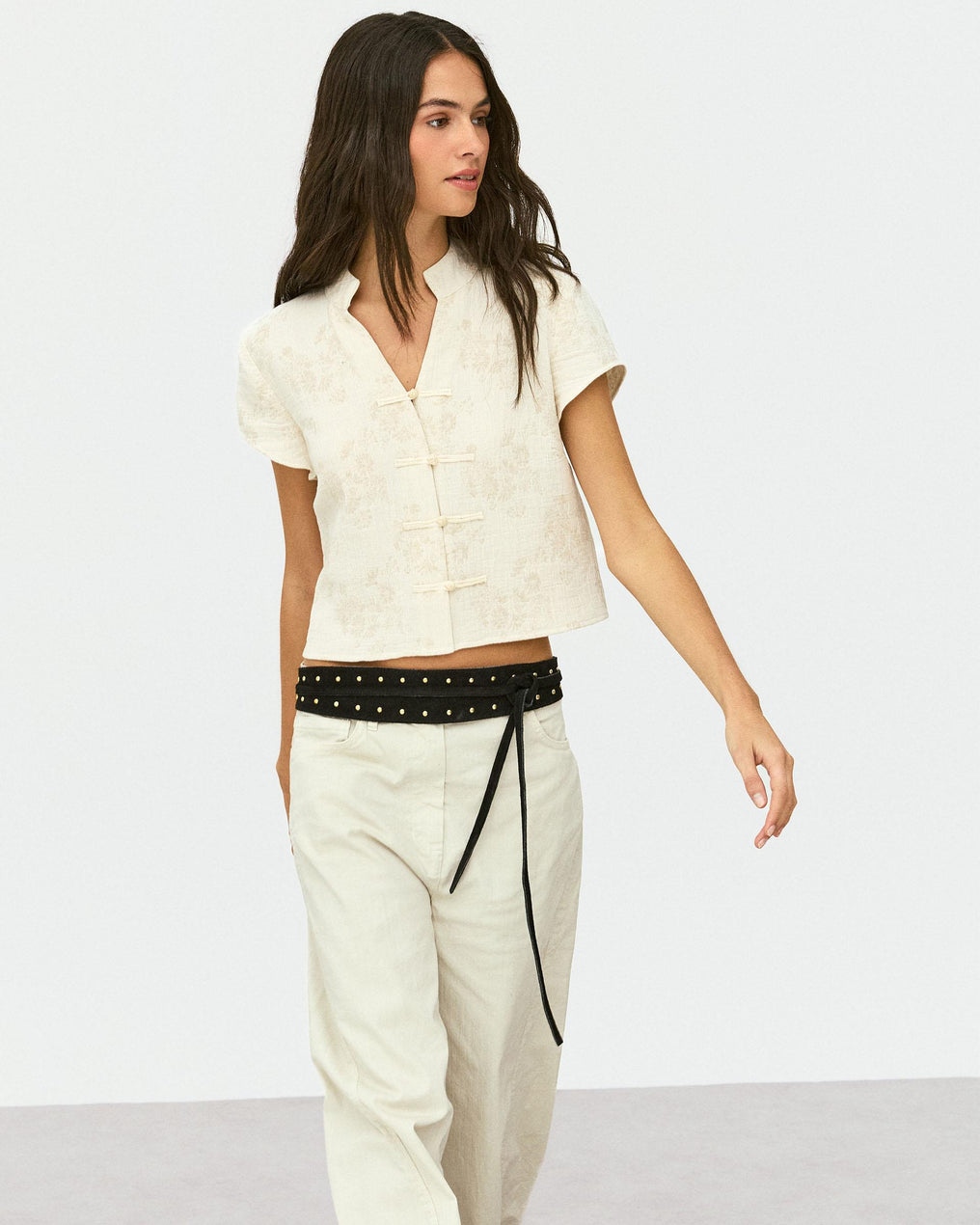 Top Jacquard Imprimé Floral Écru