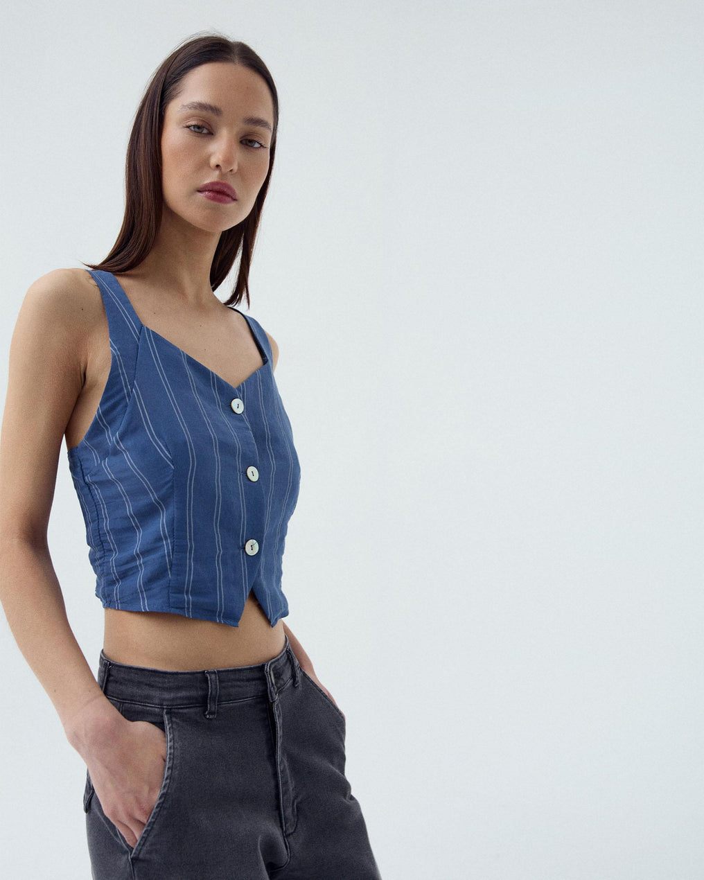 Top Botones Rayas Azul