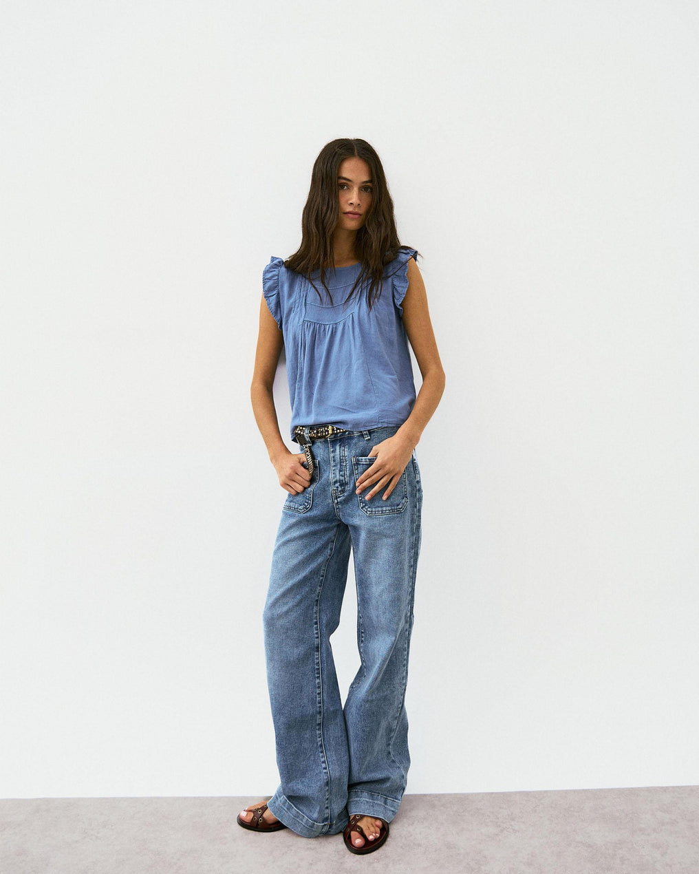 Blouse Volants Manches Bleu Foncé