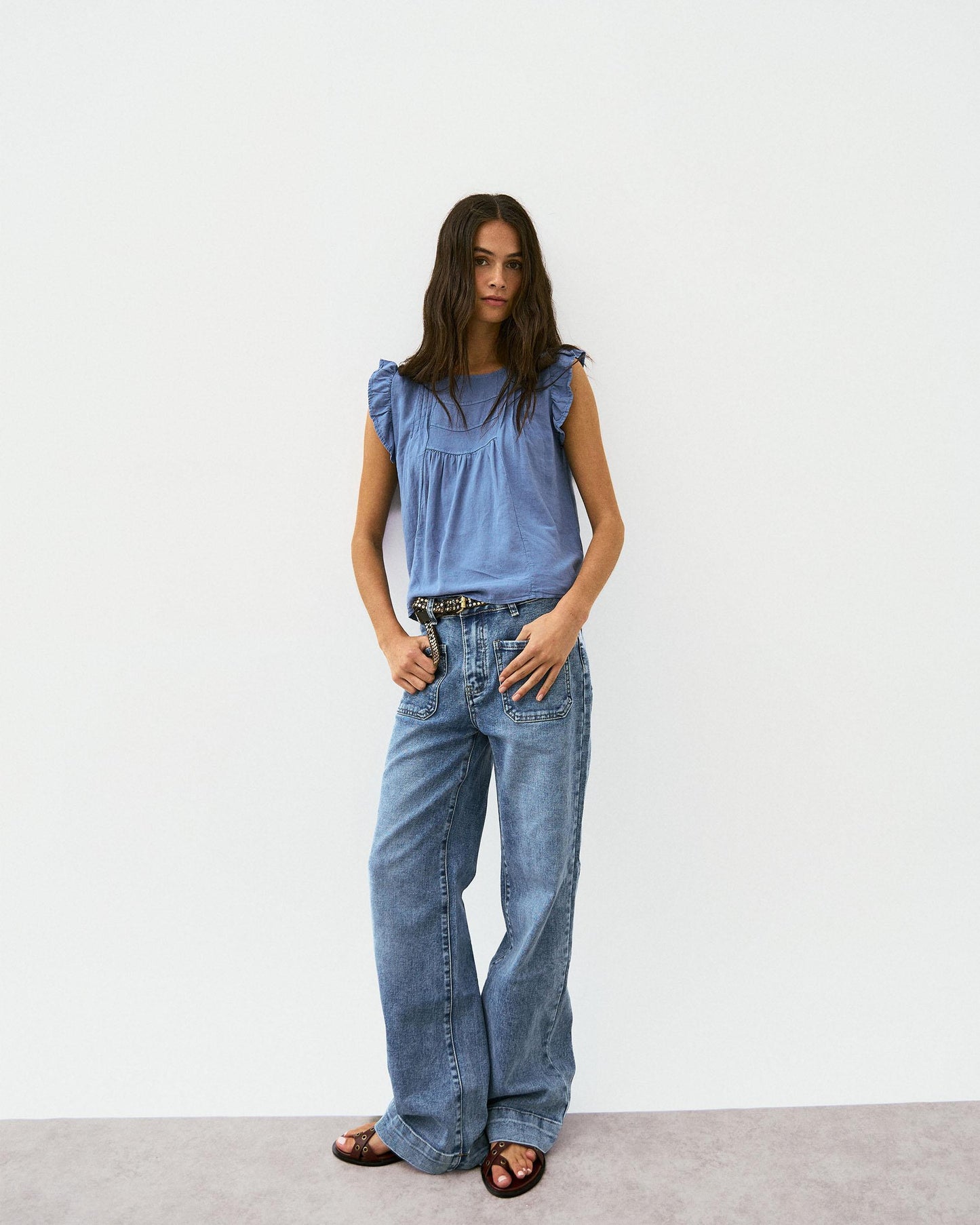 Blouse Volants Manches Bleu Foncé