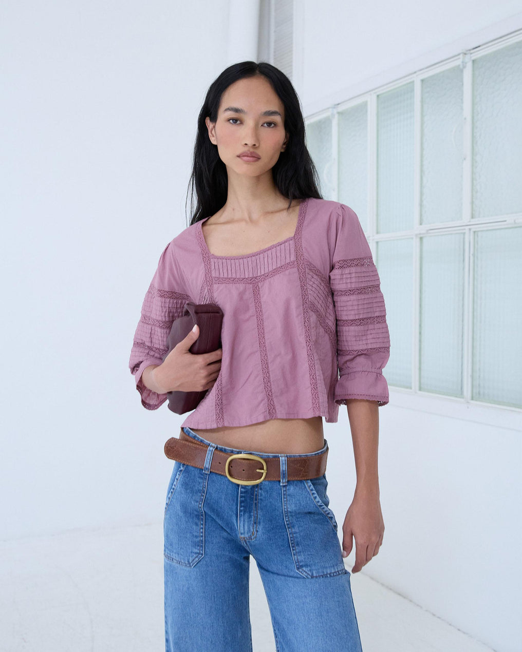 Blouse Col Carré Dentelles Rose