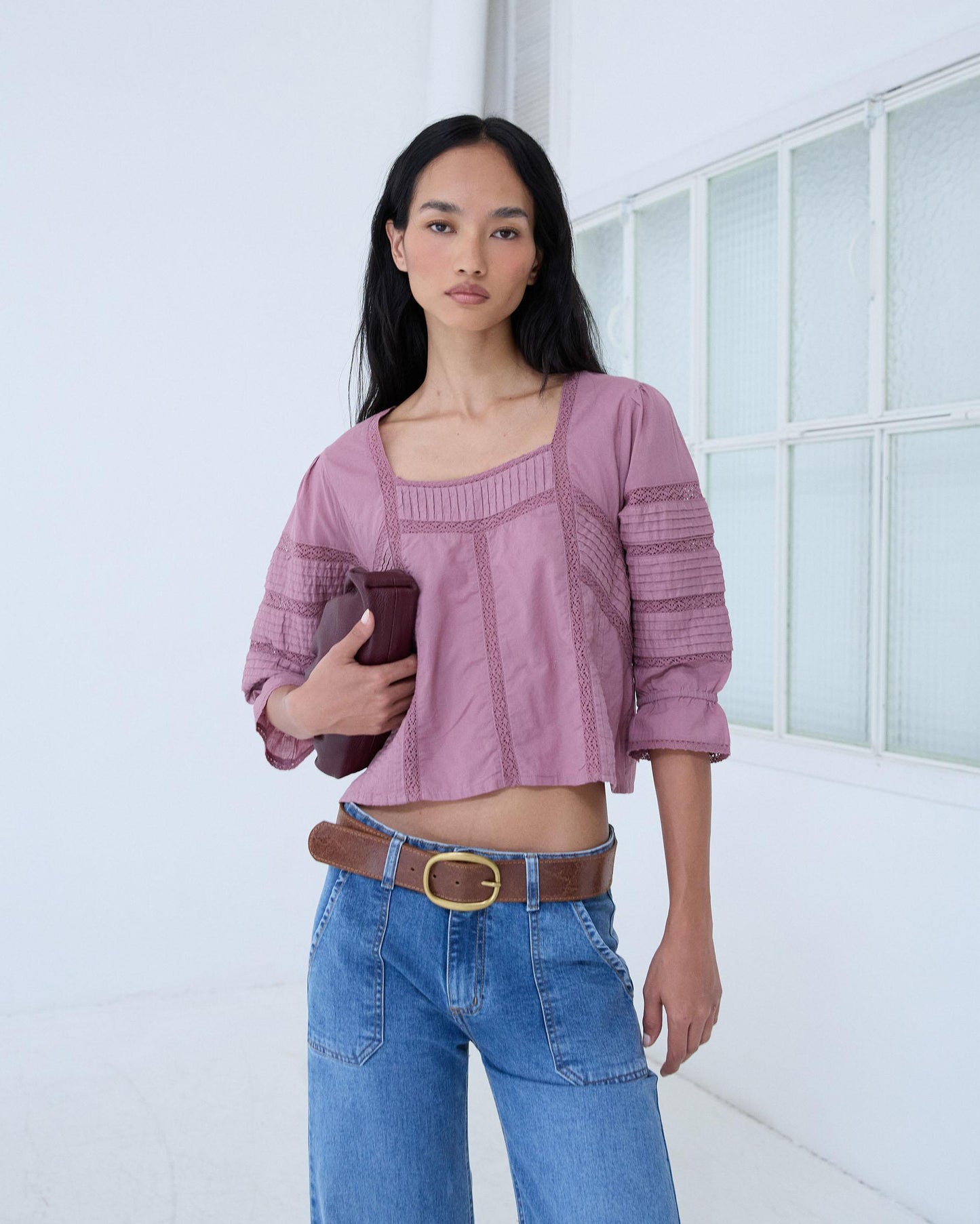 Blouse Col Carré Dentelles Rose