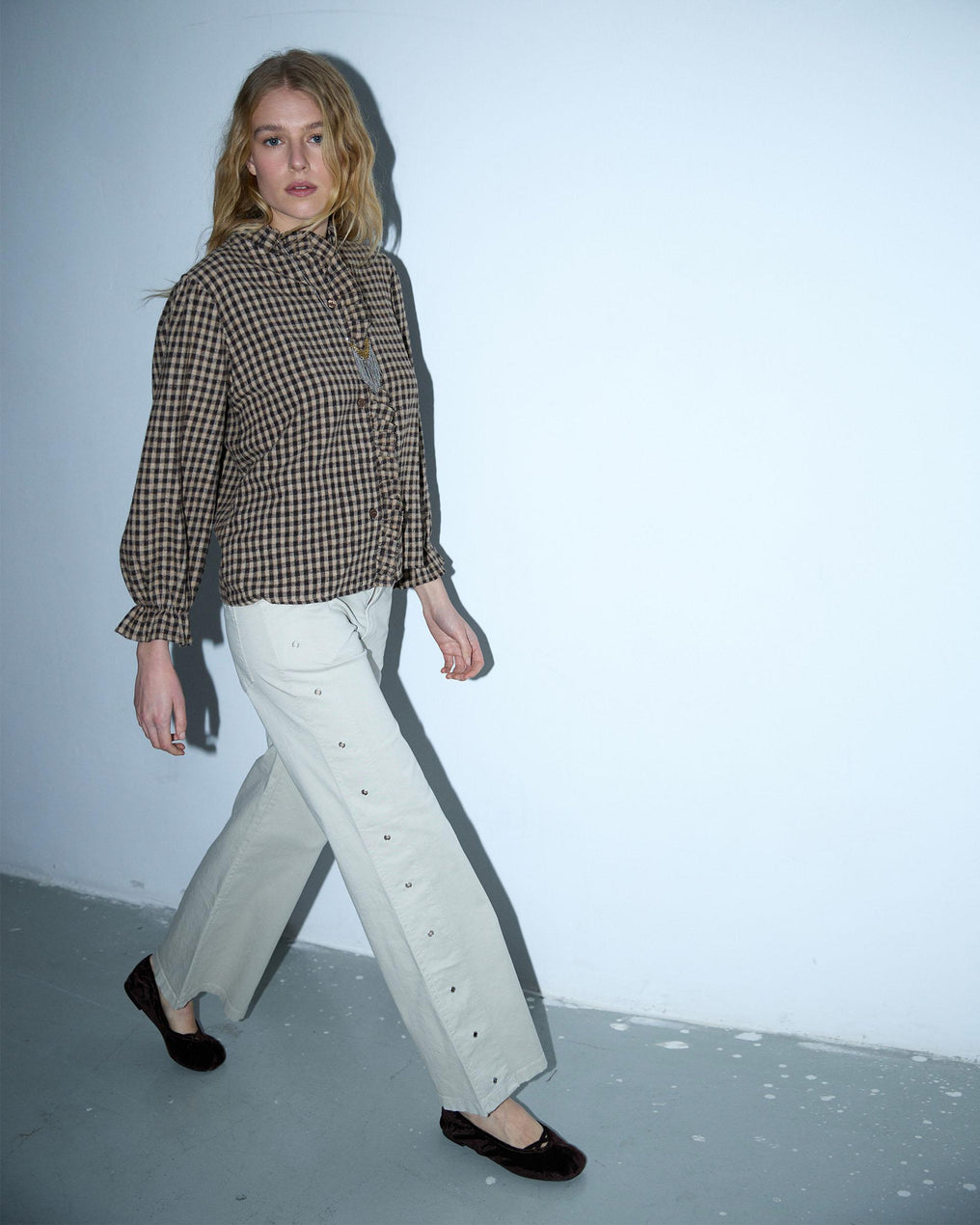 Plaid Blouse with Mandarin Collar and Ruffle, Brown