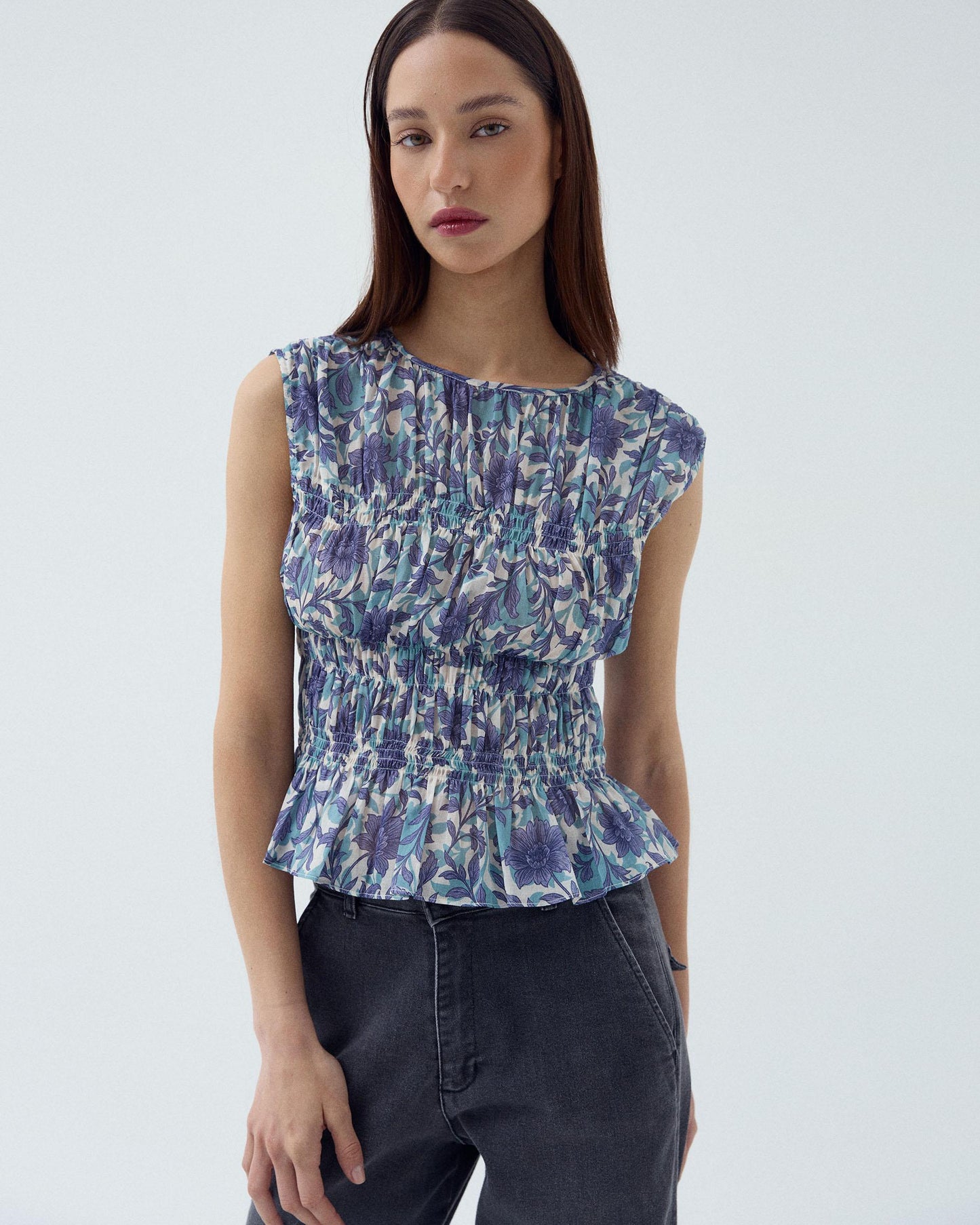 Top Élastiques Imprimé Floral Bleu