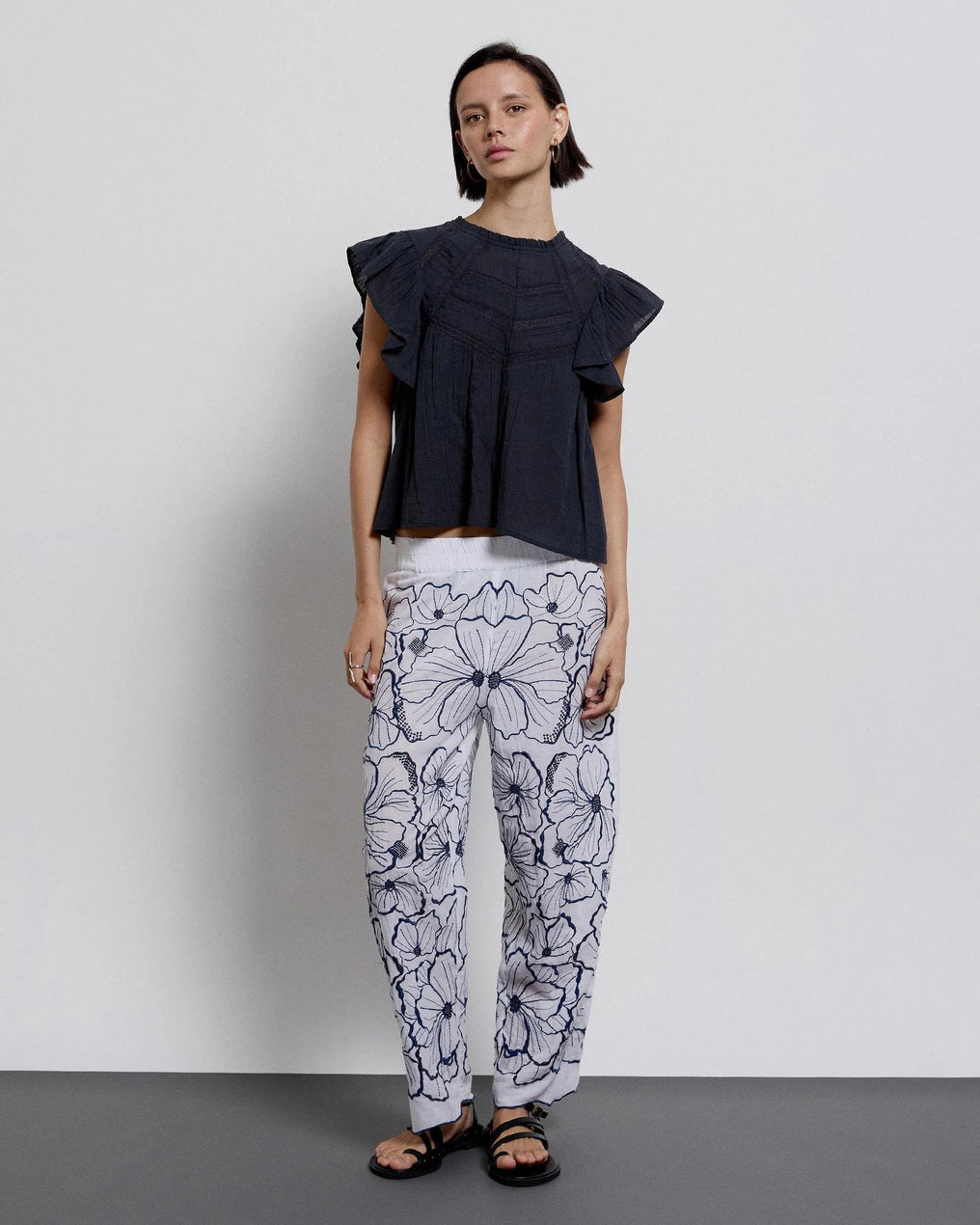Blouse Short Sleeve Ruffles Lace Anthracite