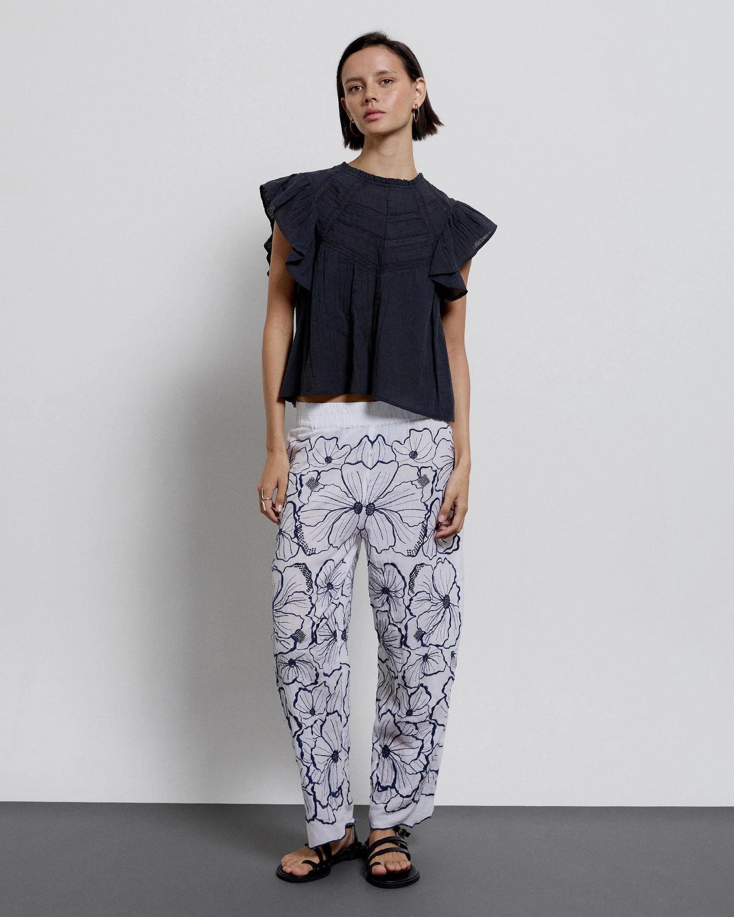 Blouse Short Sleeve Ruffles Lace Anthracite