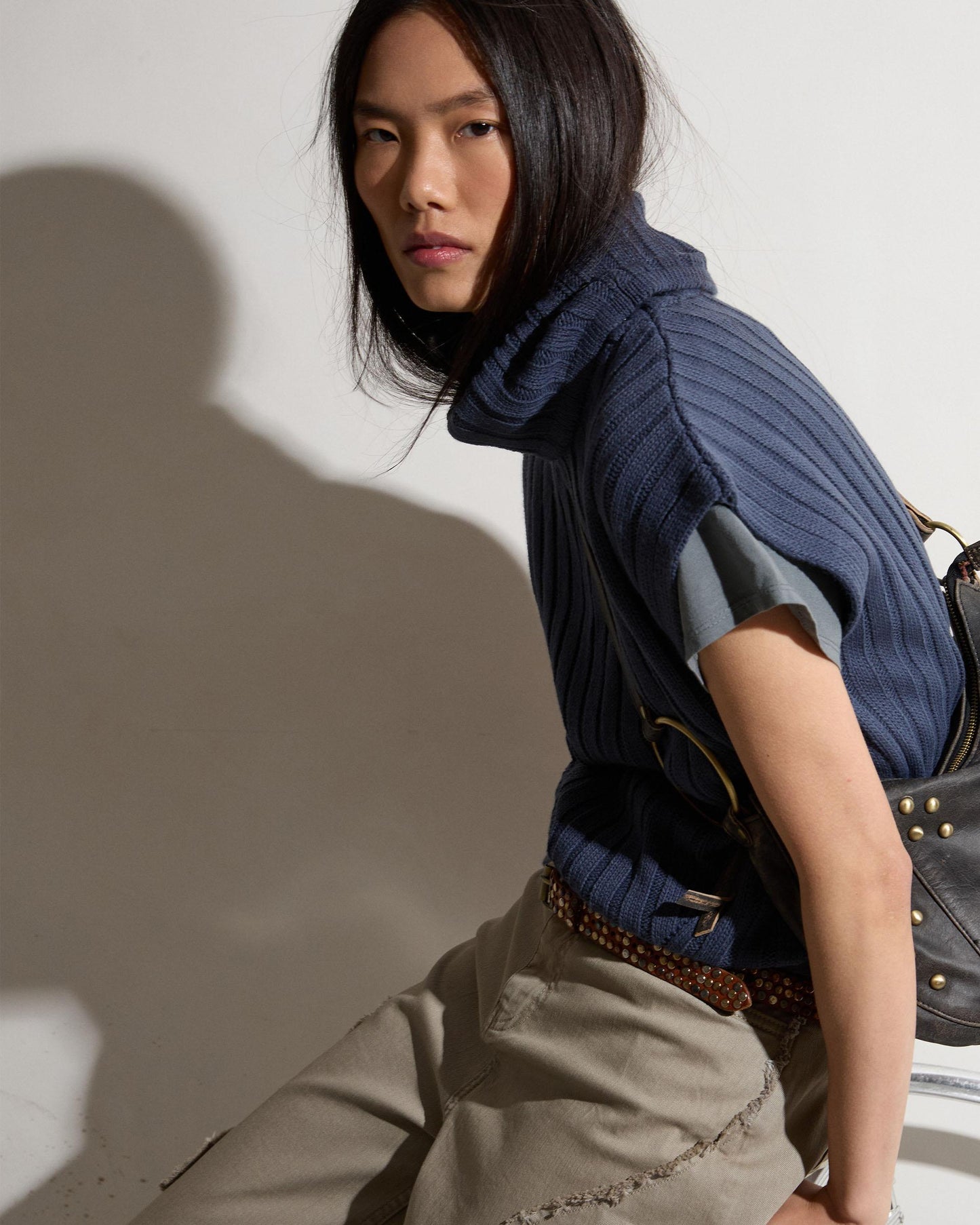 Dark Blue Ribbed Turtleneck Knit Vest