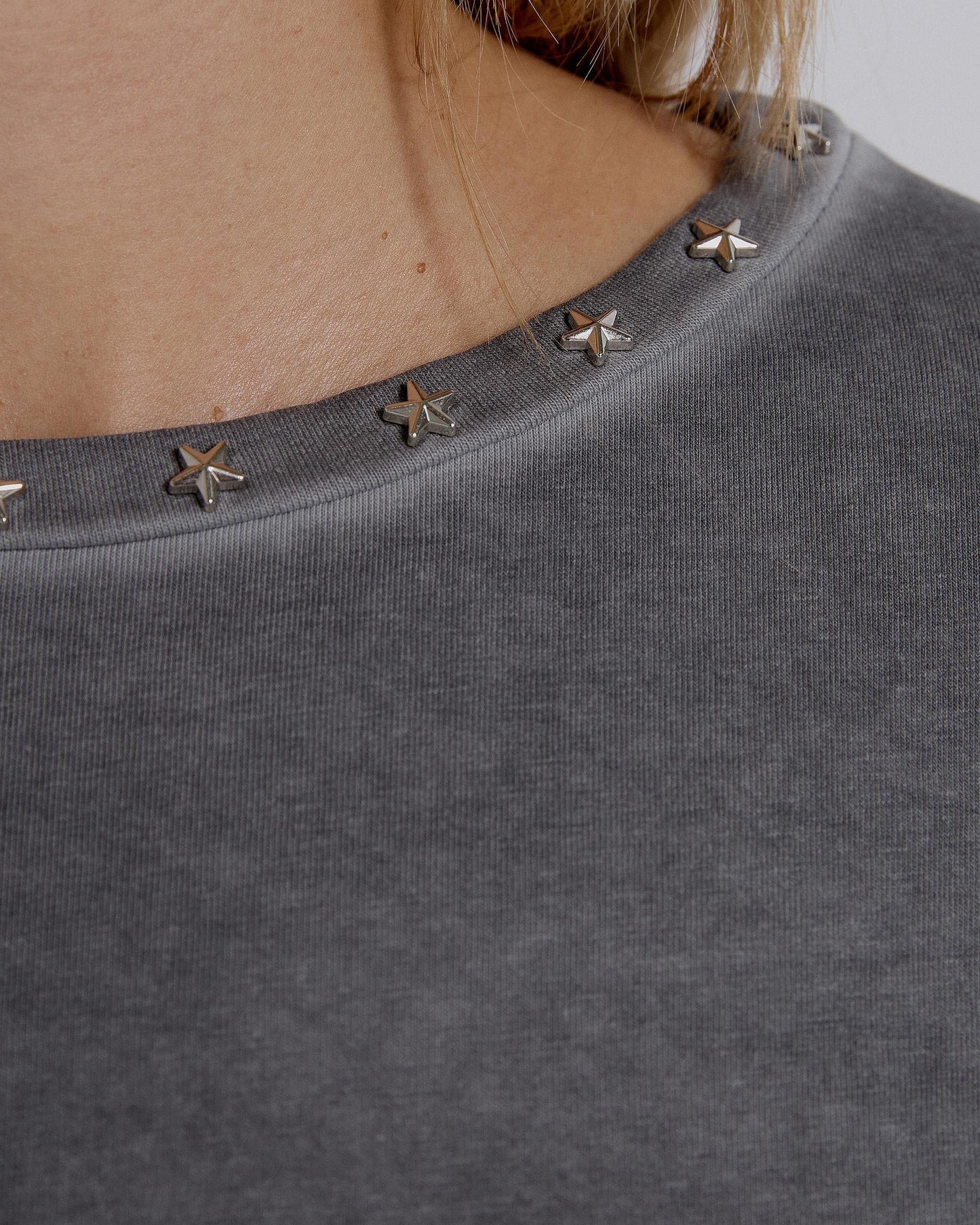Long Sleeve T-Shirt with Studs and Stars and Anthracite Neck