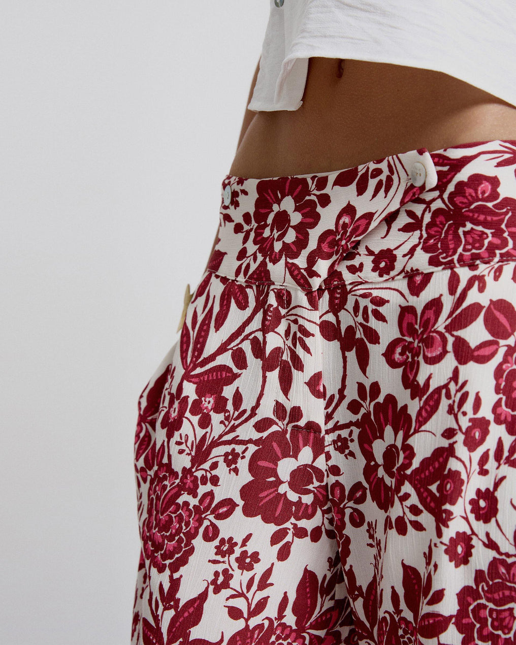 Pink Floral Pants with Crossed Waistband