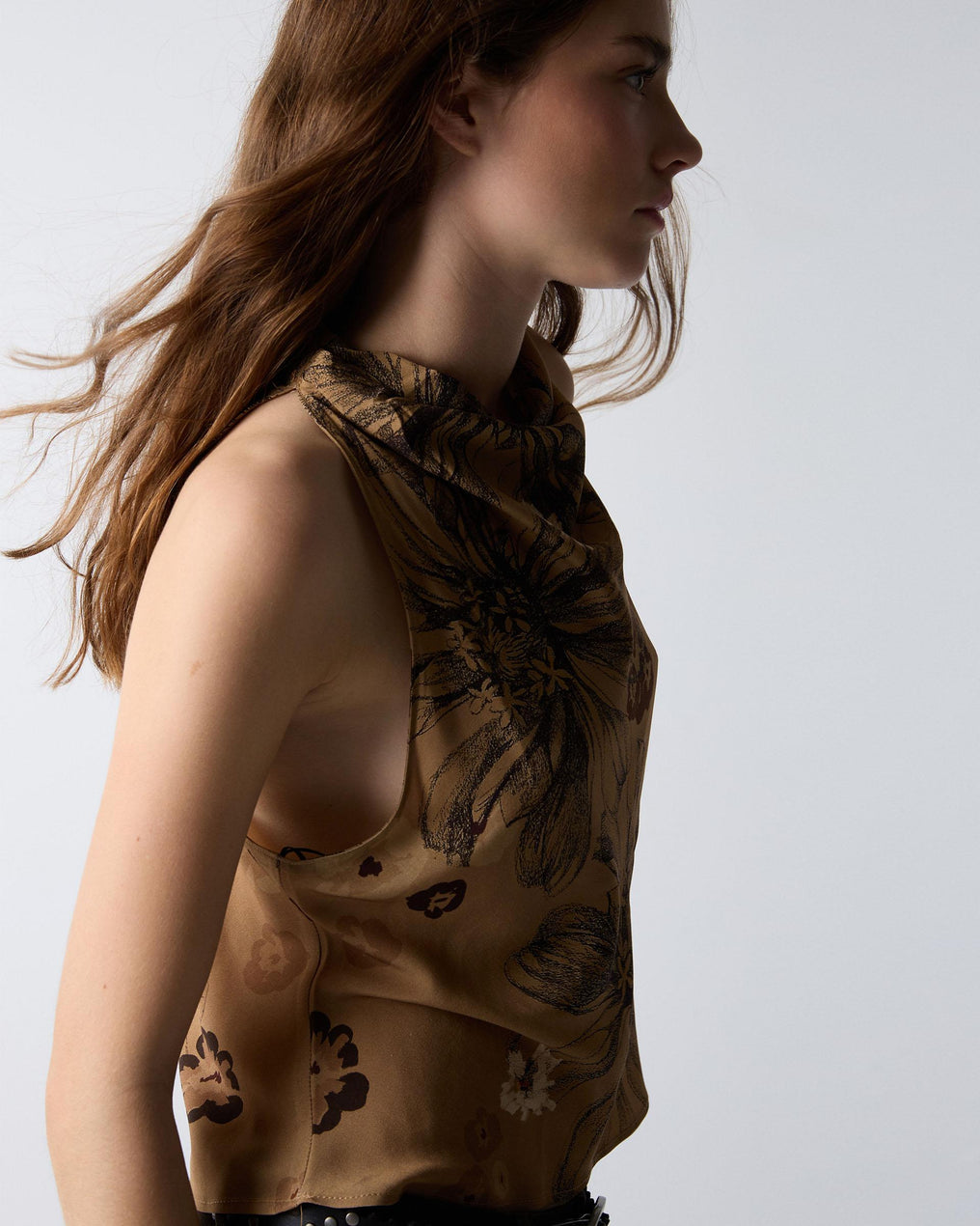 Brown Printed Draped Neckline Top