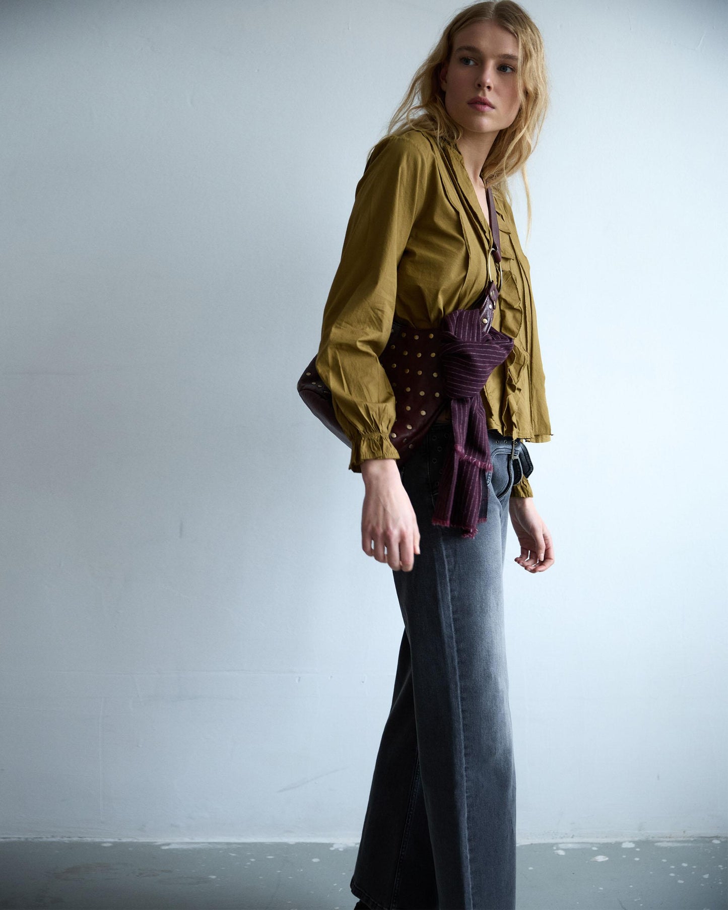 Green V-Neck Ruffle Blouse