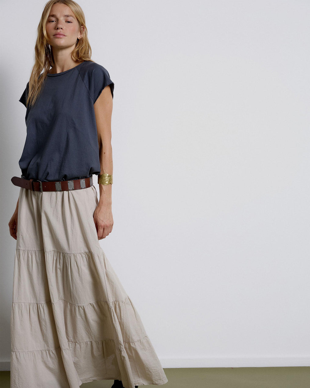 Long Skirt with Ruffles and Beige Bow