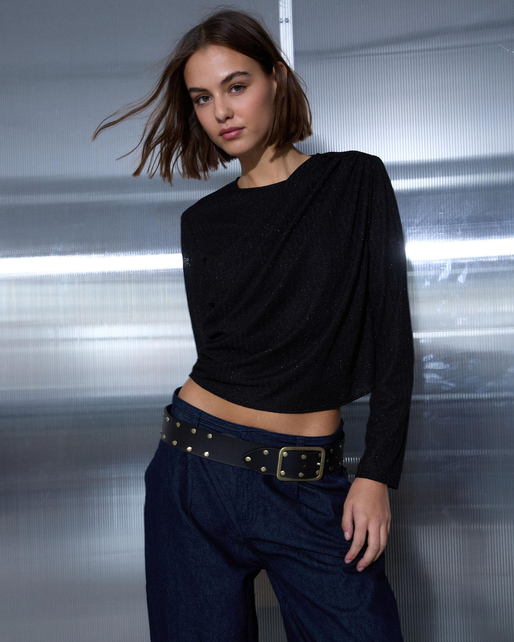 Blusa drapeada de lurex preta