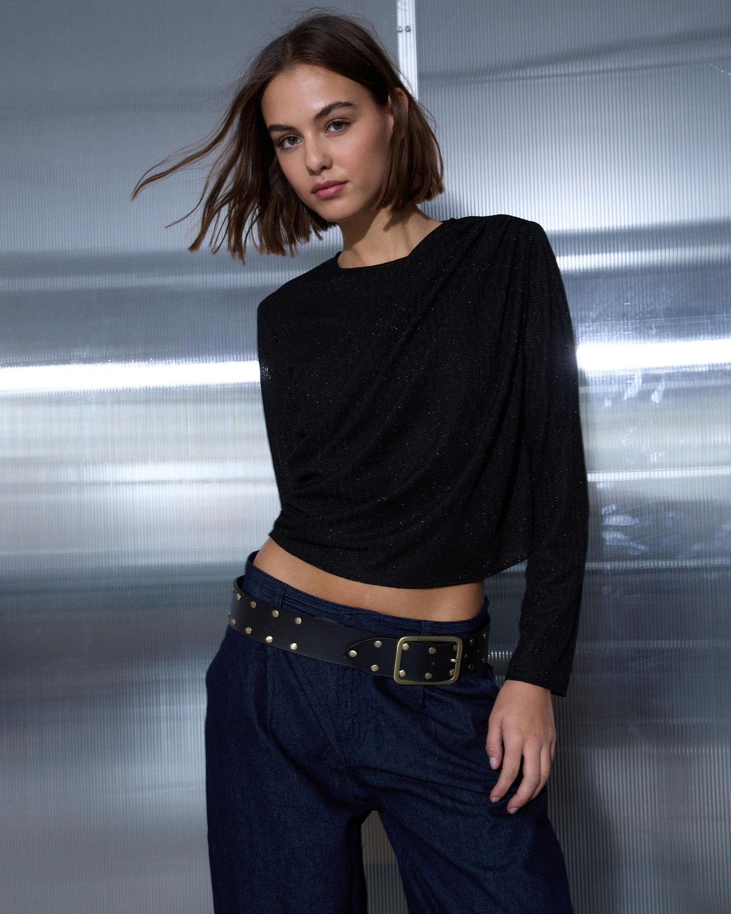 Blusa drapeada de lurex preta