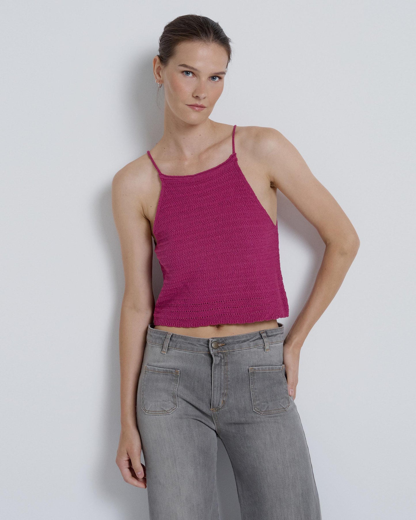 Pink Die-Cut Knit Top with Straps