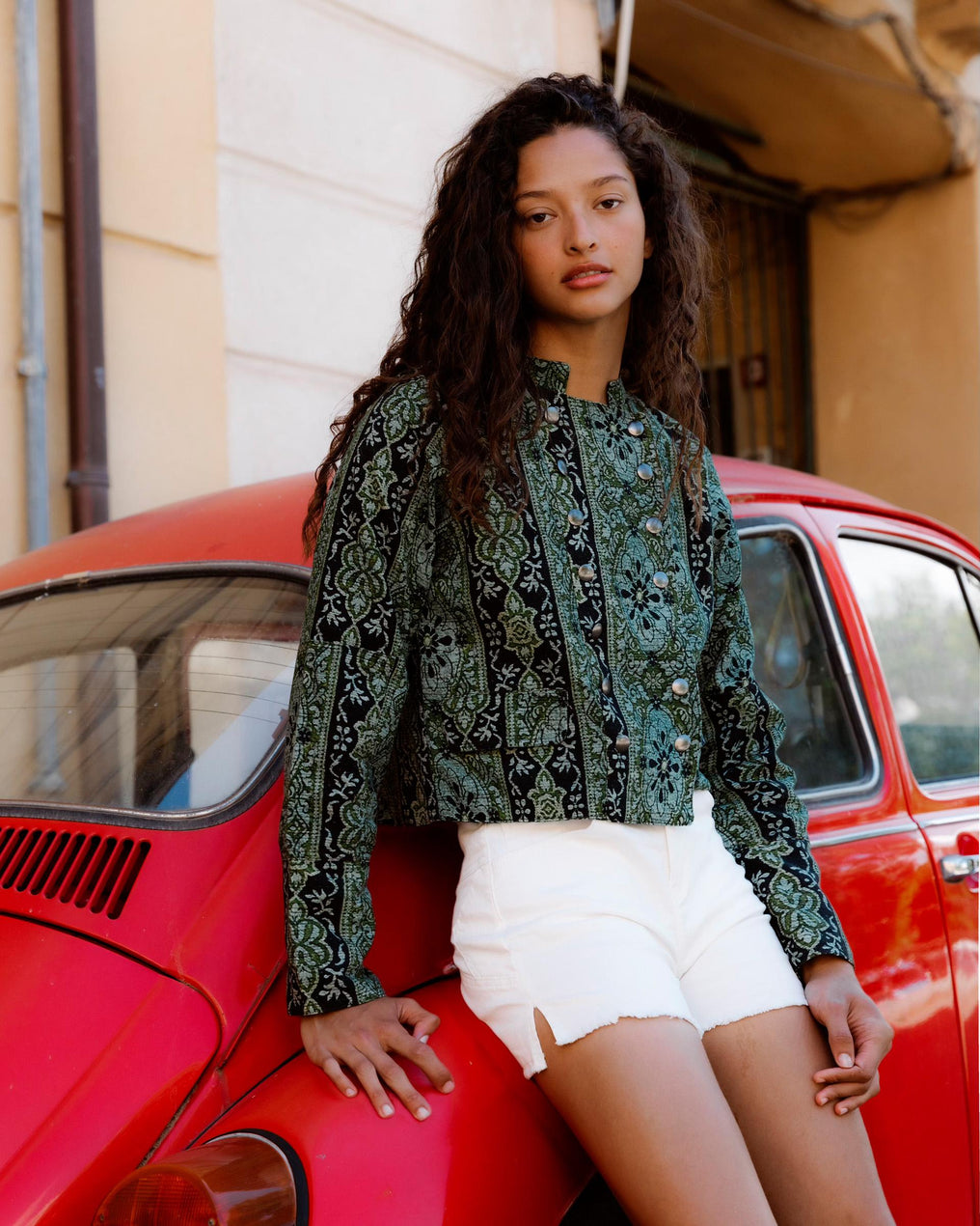 Chaqueta Botones Tapeta Estampado Verde