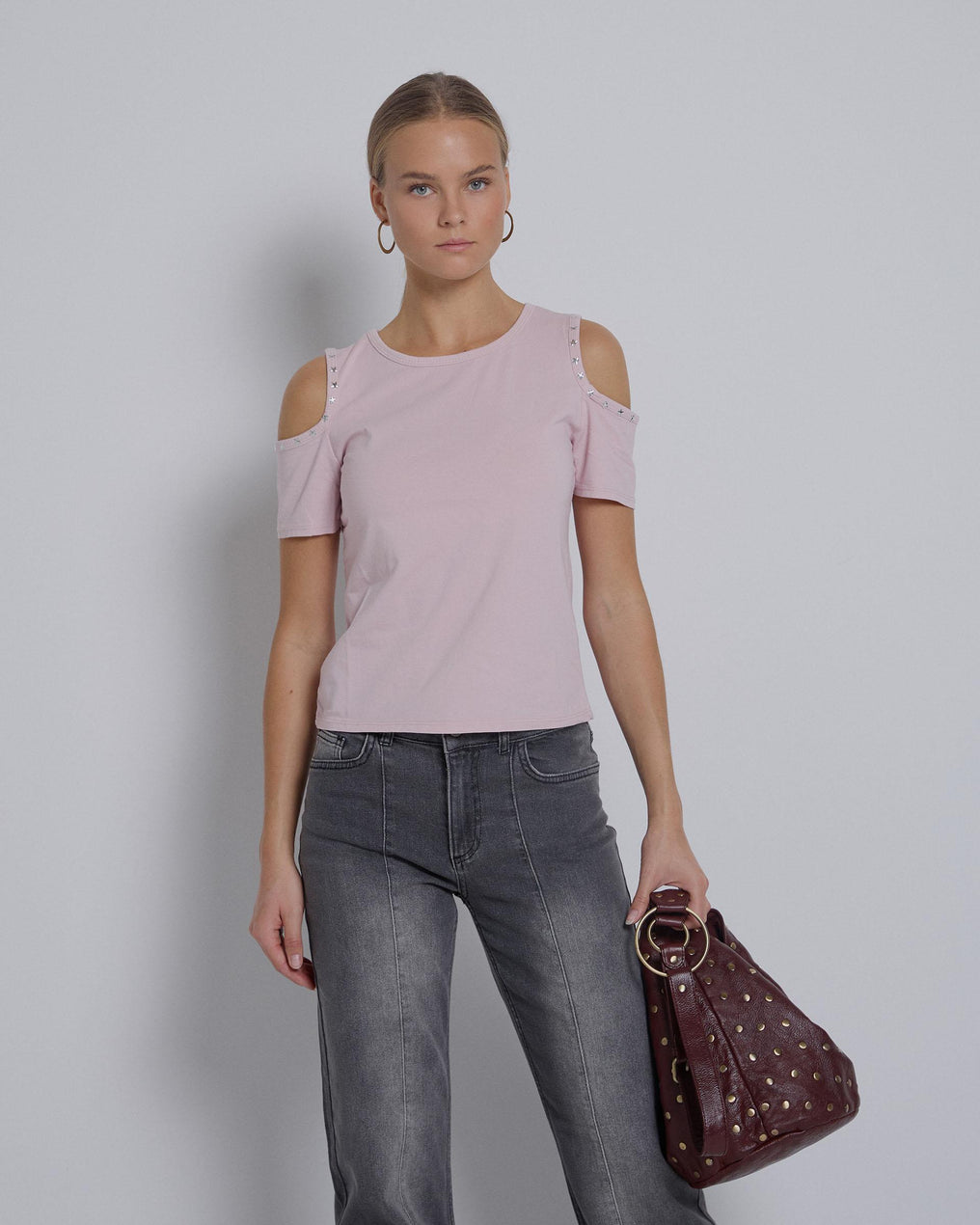 Pink Studded Shoulder Opening T-shirt