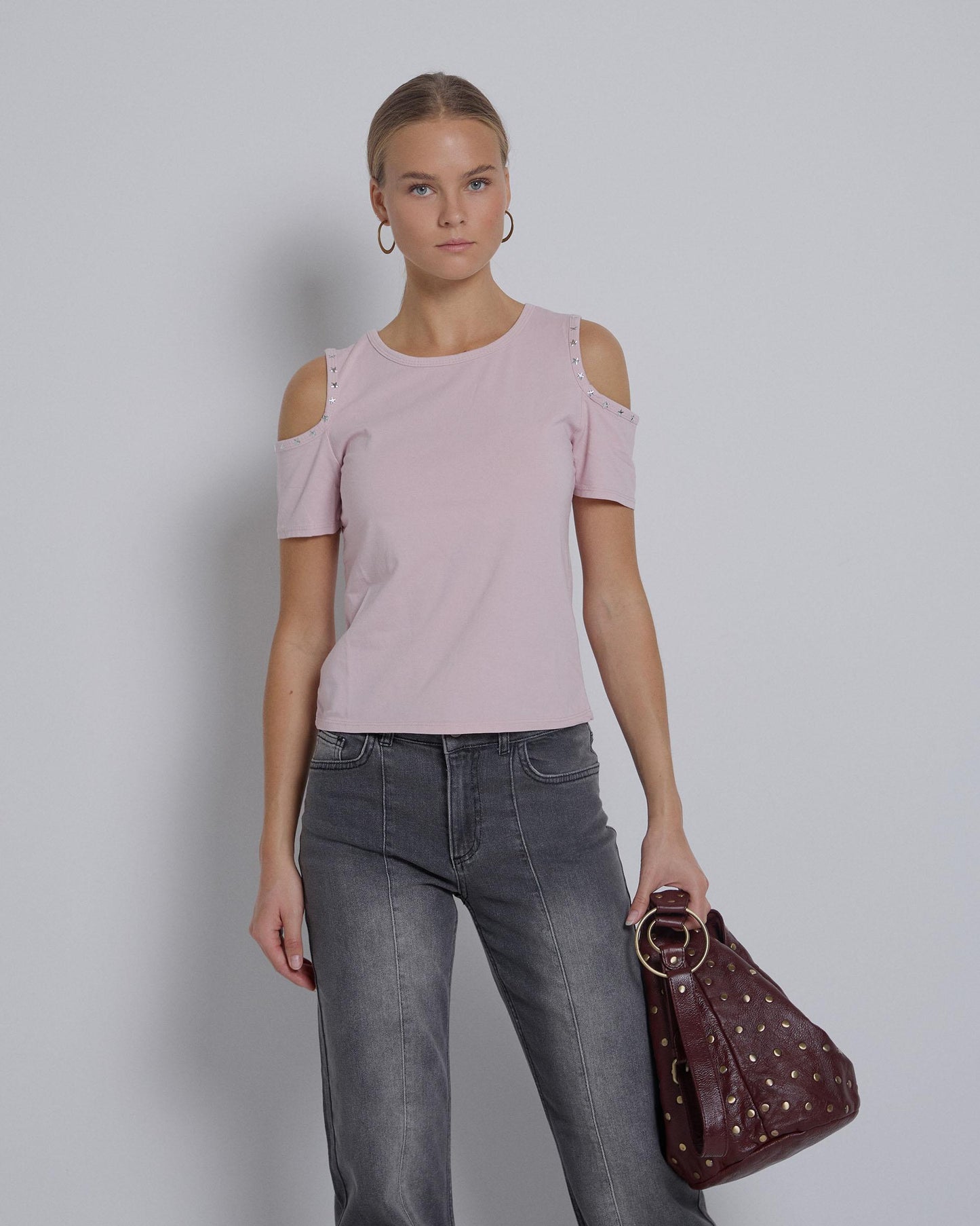 Pink Studded Shoulder Opening T-shirt