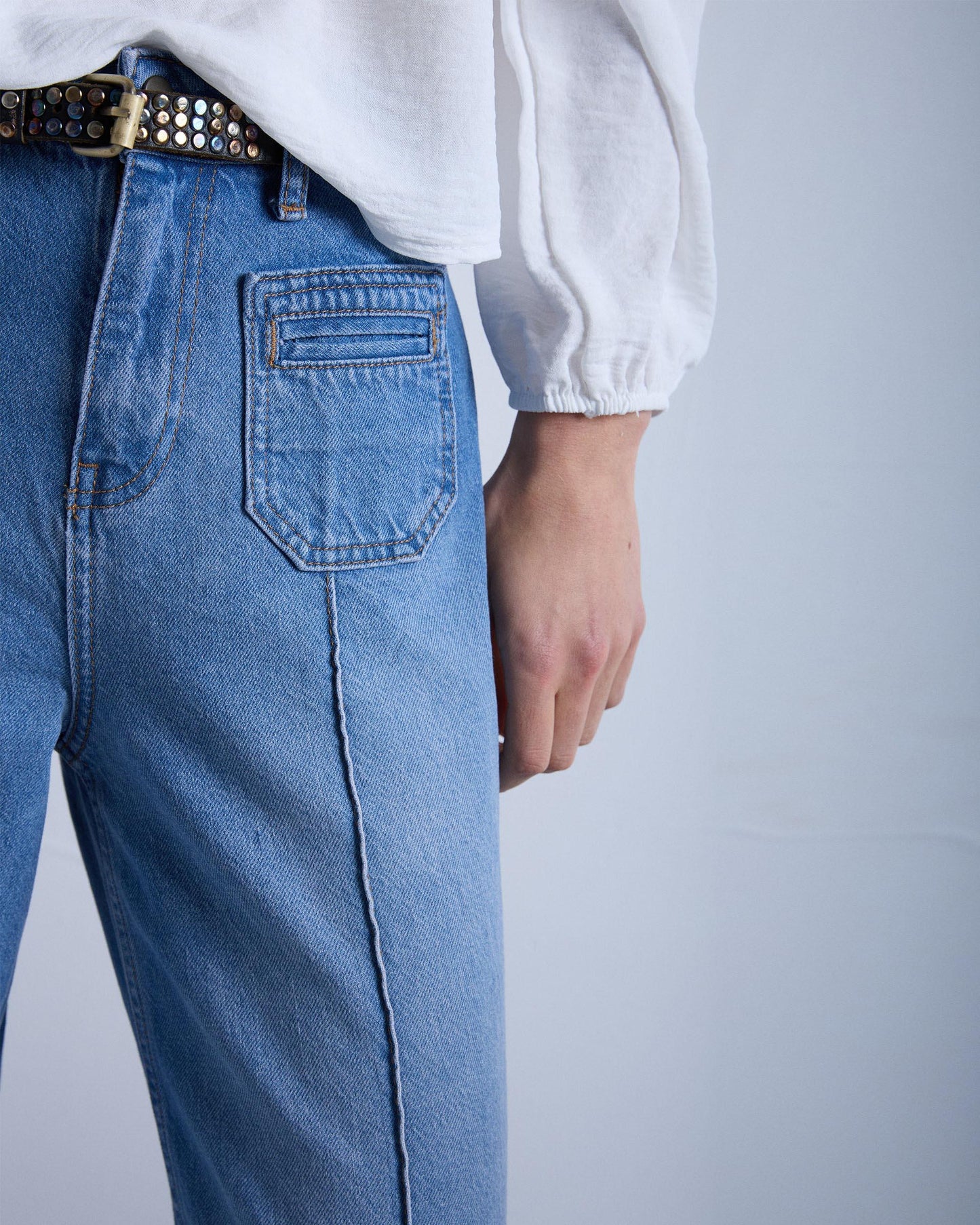 Jeans with Pockets, Wide Leg, Blue Stitching
