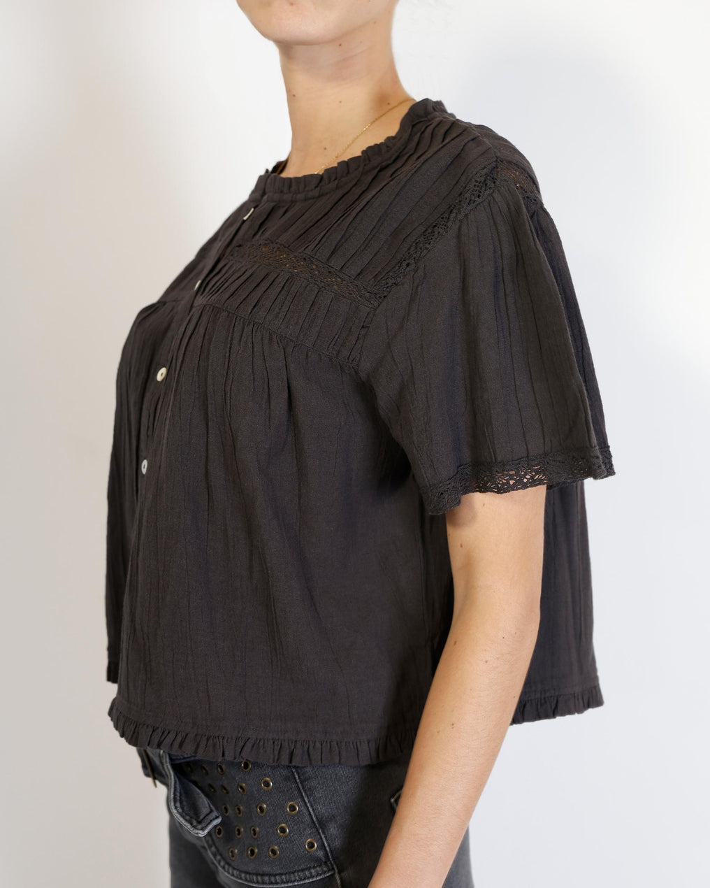 Blusa Manga Curta Renda Antracite