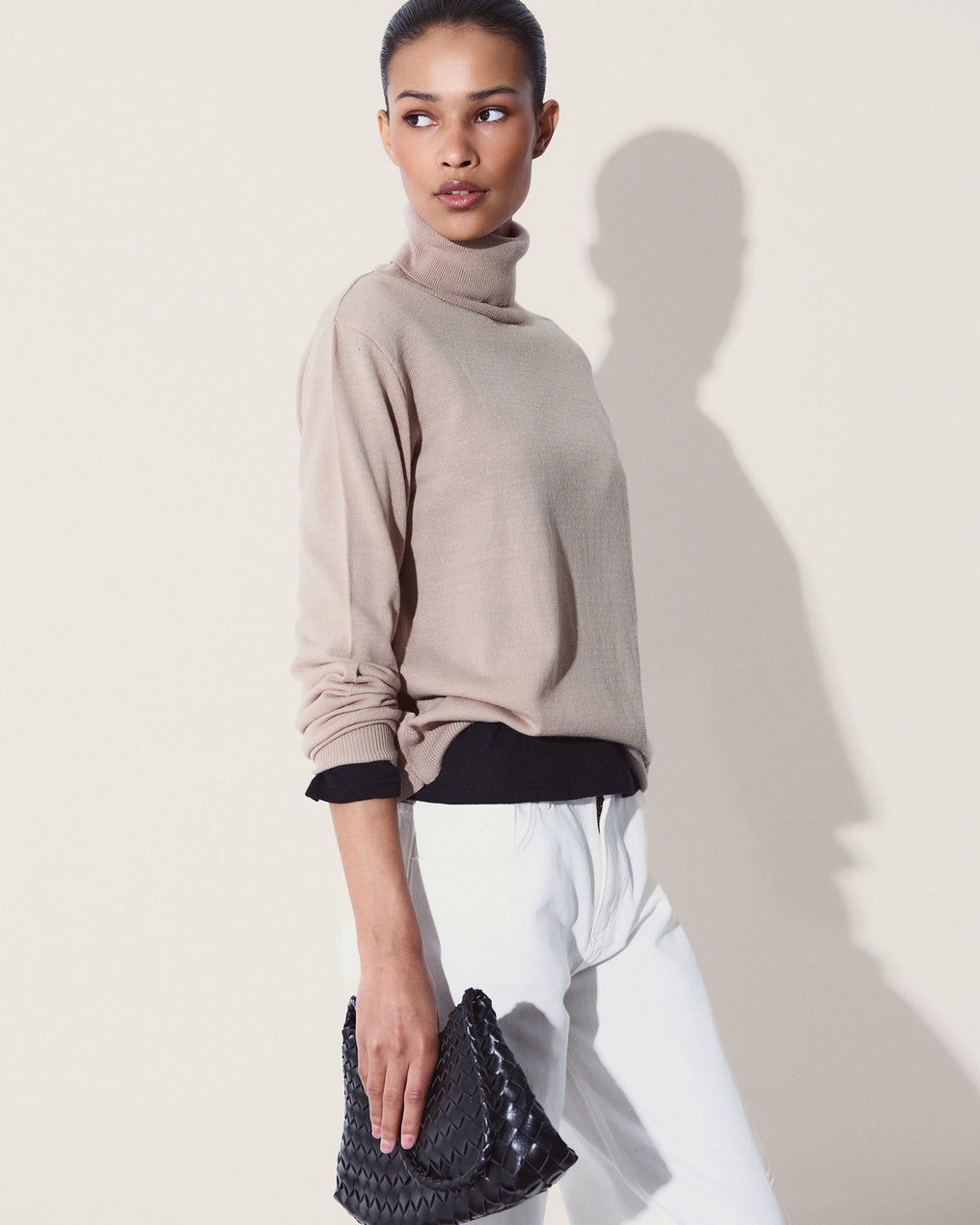 Jersey Punto Fino Cuello Vuelto Beige