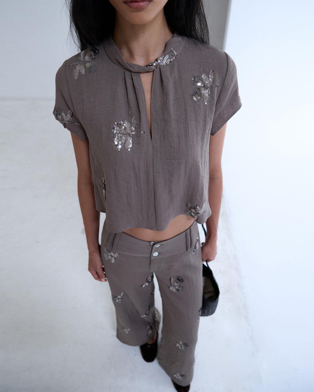 Pantalón Doble Cinturilla Lentejuelas Taupe