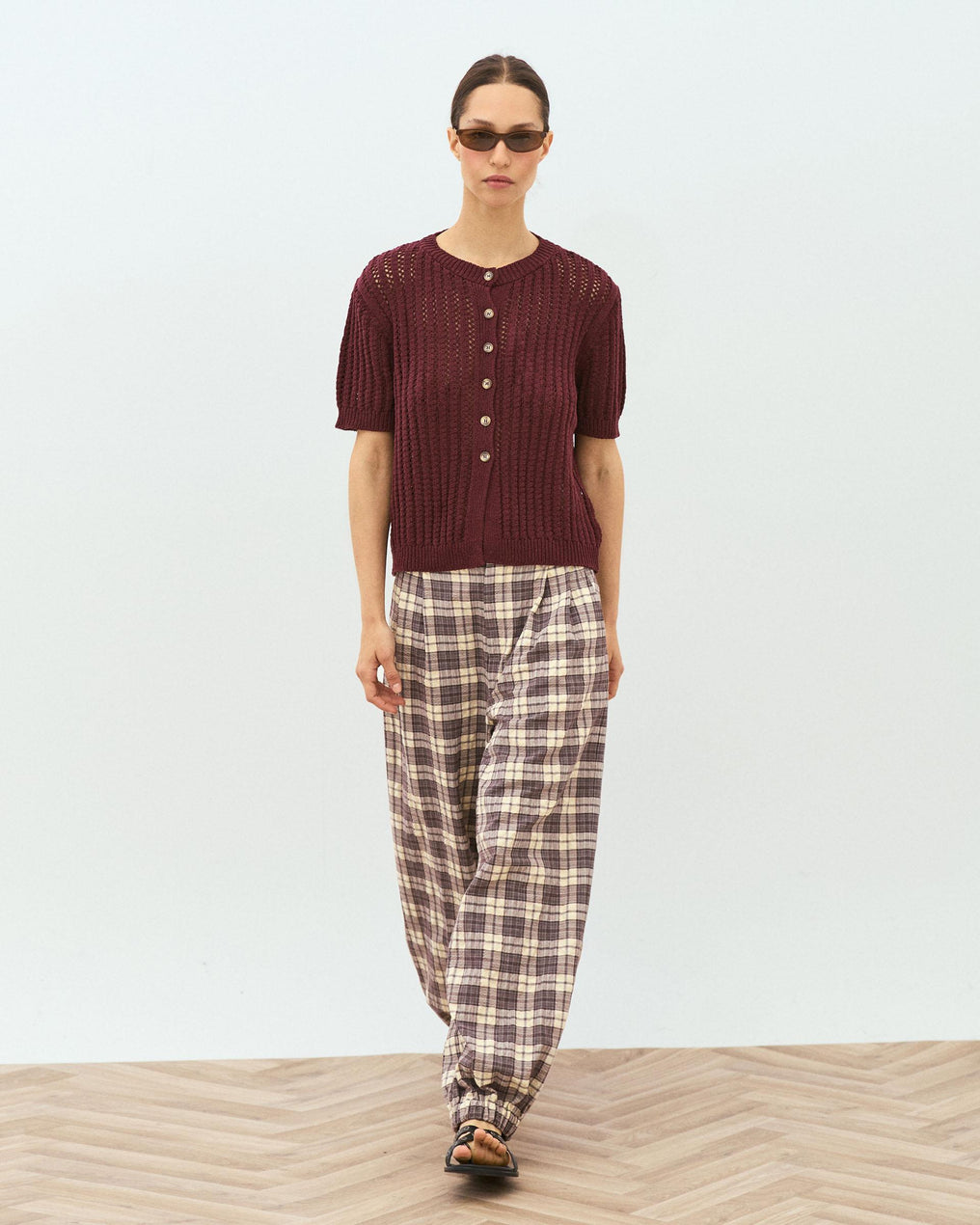 Burgundy Openwork Short Sleeve Top