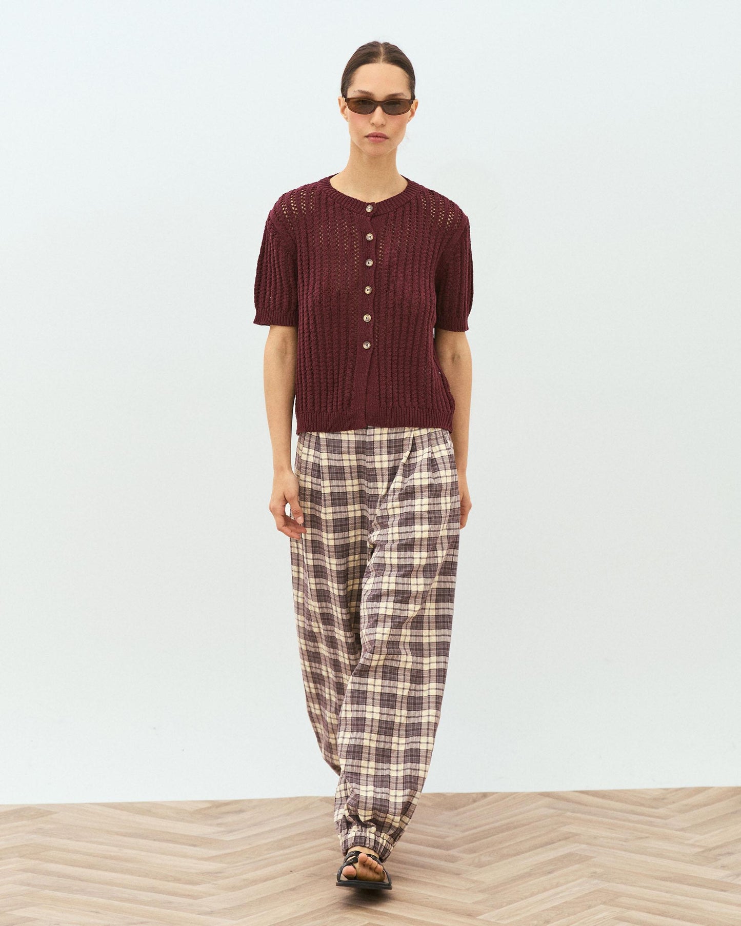 Burgundy Openwork Short Sleeve Top