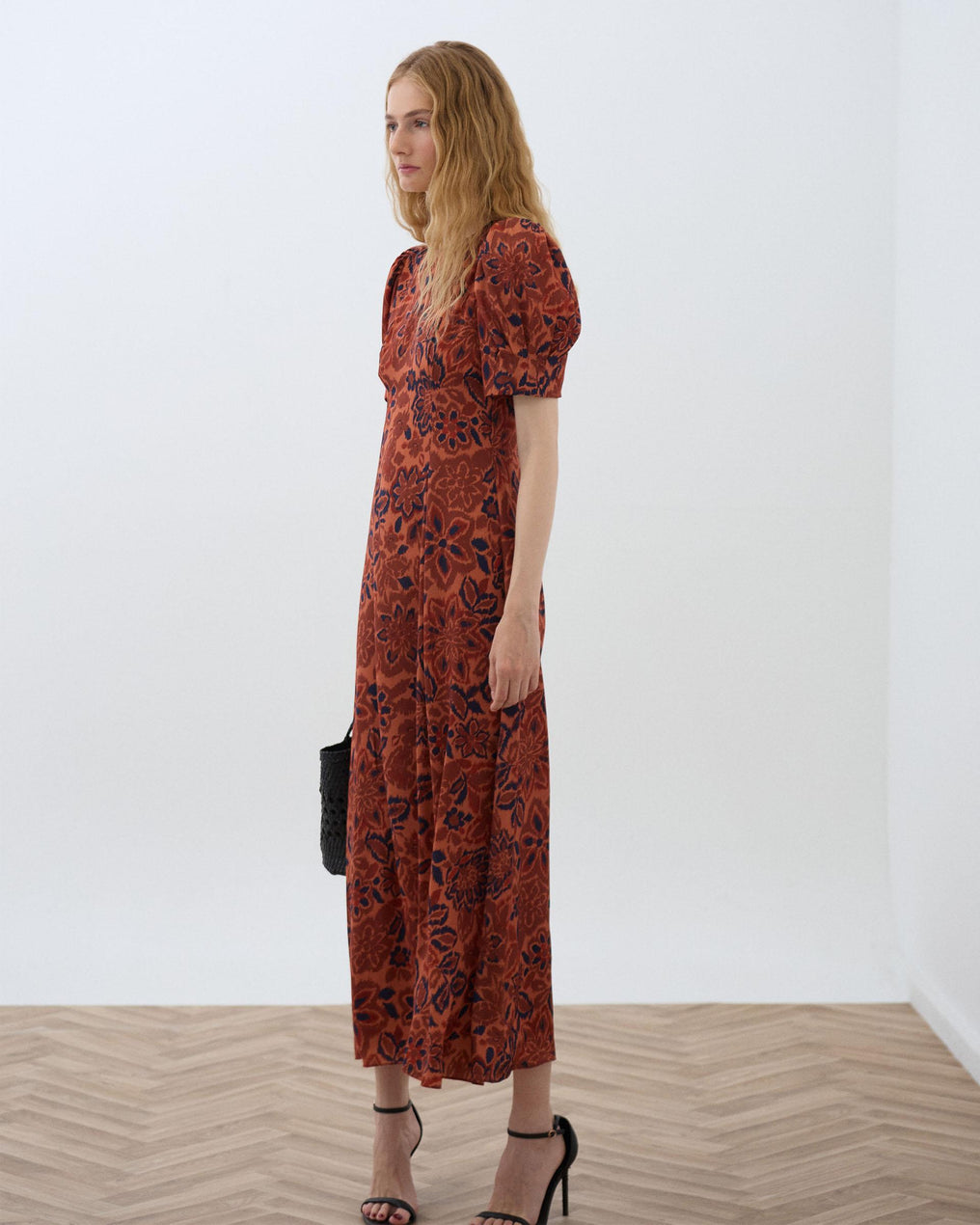 Vestido Manga Abullonada Estampado Floral Naranja