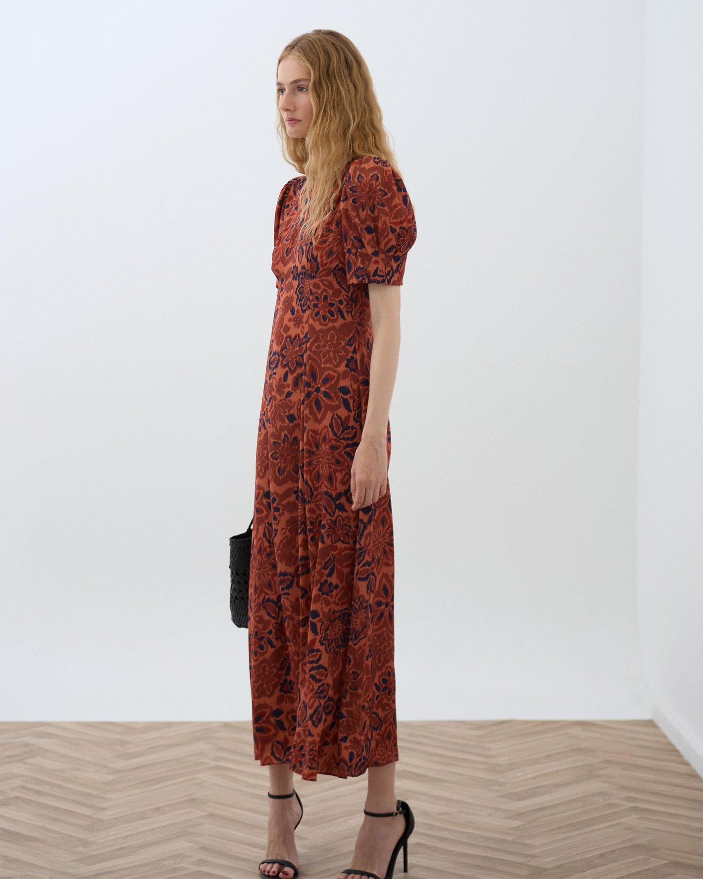 Vestido Manga Abullonada Estampado Floral Naranja