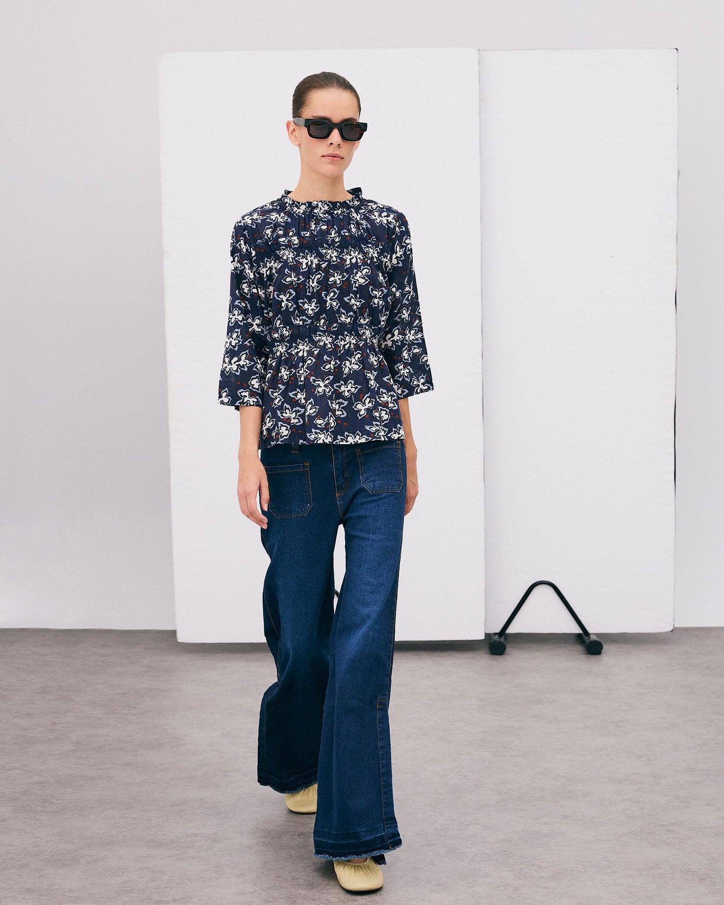 Navy Blue Floral Print Long Sleeve Blouse with Gathers