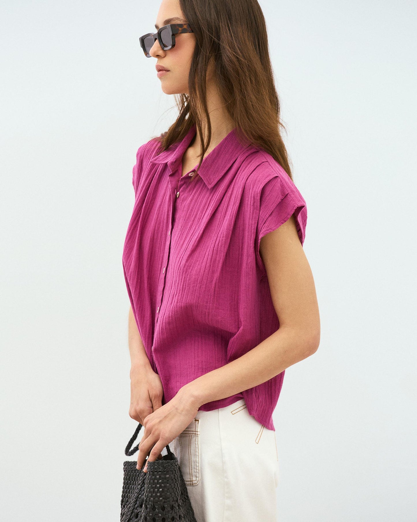 Fuchsia Pleated Sleeveless Shirt